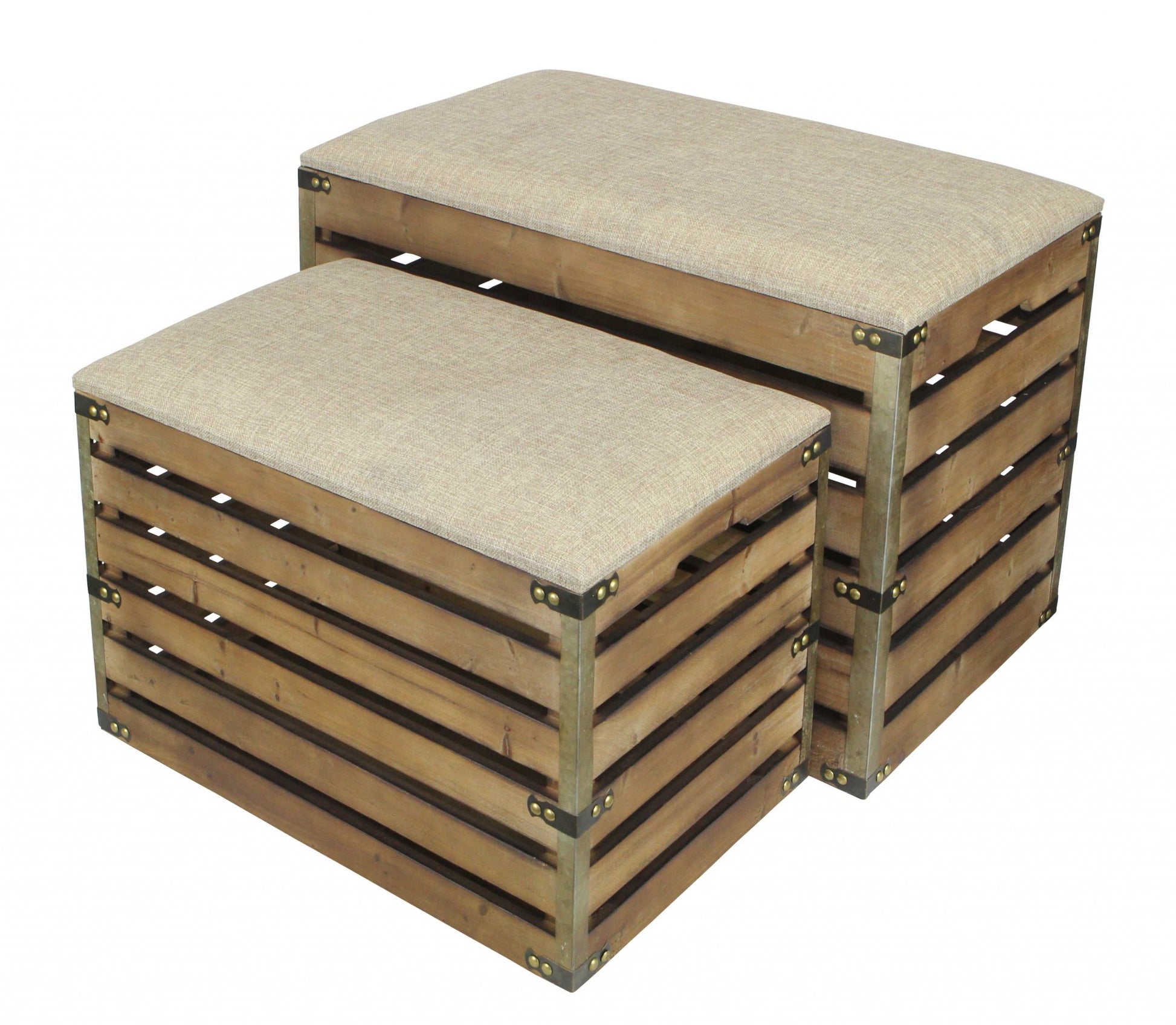 Set of Two Brown Wood Slat and Upholstery Storage Benches With Flip Top-Benches-DECOROLALA