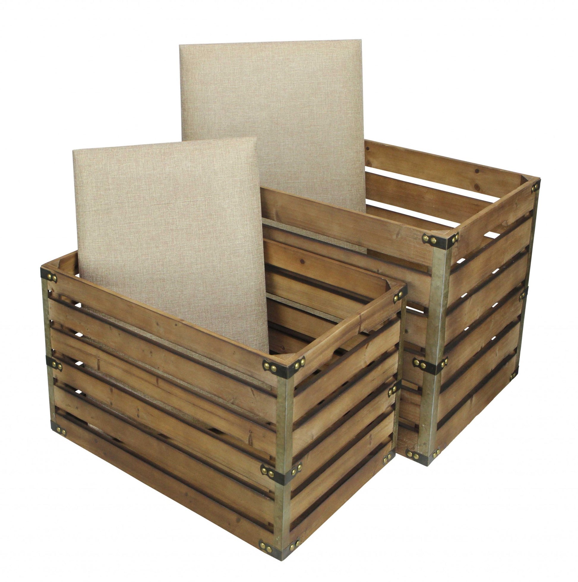 Set of Two Brown Wood Slat and Upholstery Storage Benches With Flip Top-Benches-DECOROLALA