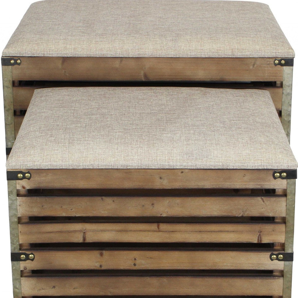 Set of Two Brown Wood Slat and Upholstery Storage Benches With Flip Top-Benches-DECOROLALA