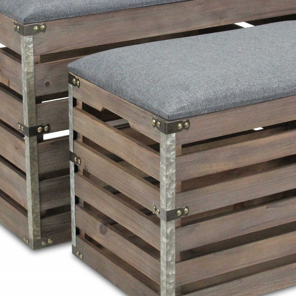 24" Gray and Brown Linen Upholstered Storage Bench with Flip Top-Benches-DECOROLALA
