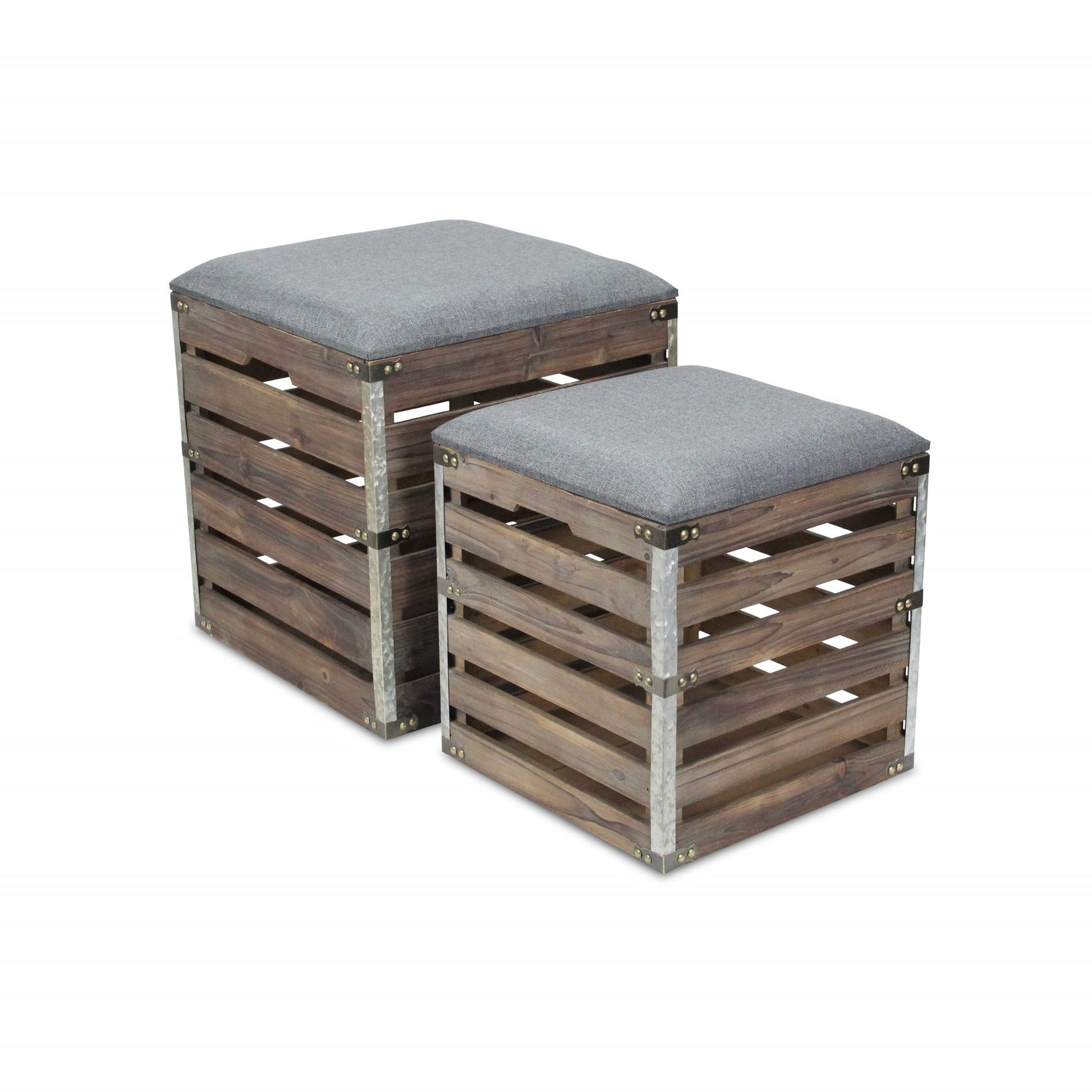 Set Of 2 Square Gray Linen Fabric And Wood Slats Storage Benches-Benches-DECOROLALA