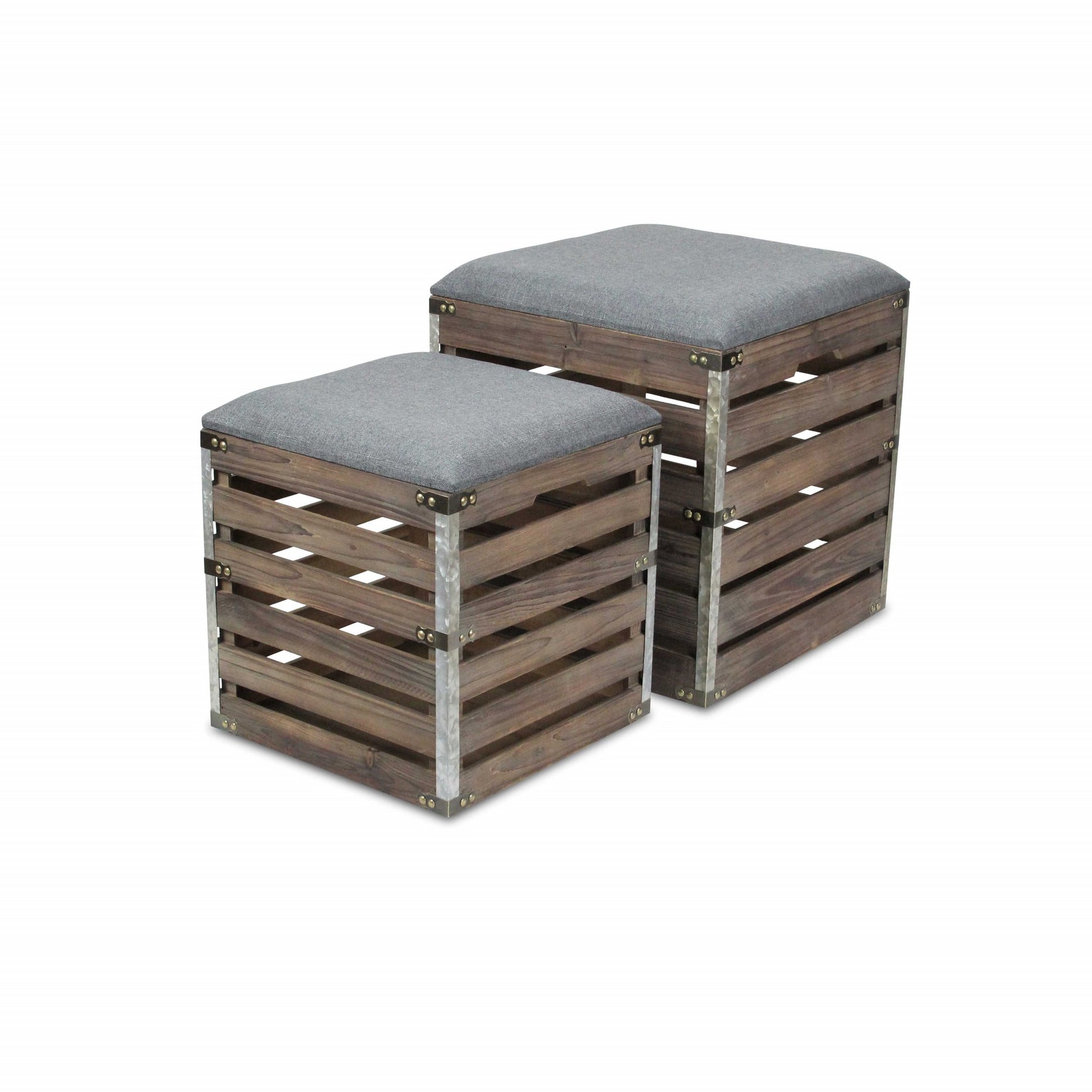 Set Of 2 Square Gray Linen Fabric And Wood Slats Storage Benches-Benches-DECOROLALA