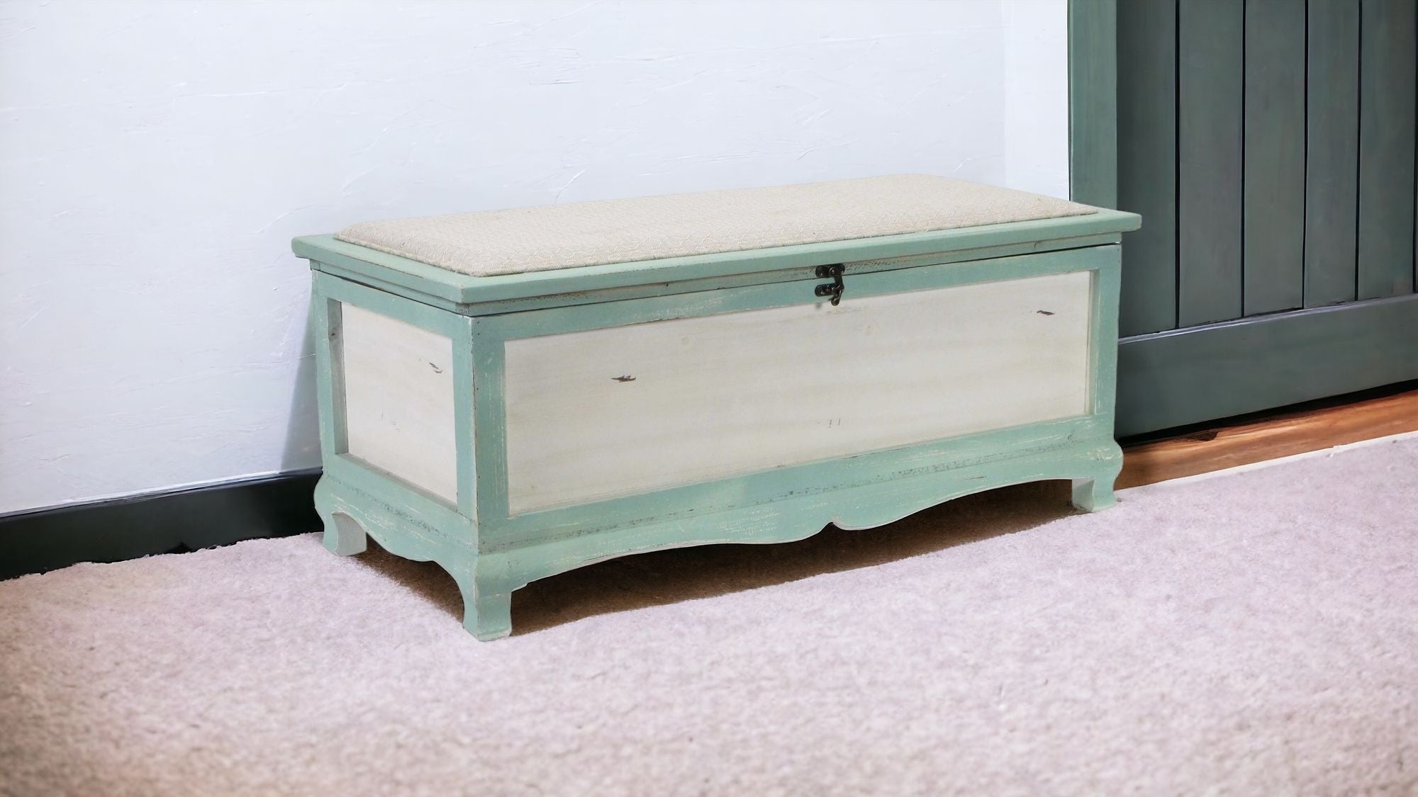 Rectangular Green Wooden With Seat Cushion And Inside Storage Bench-Benches-DECOROLALA