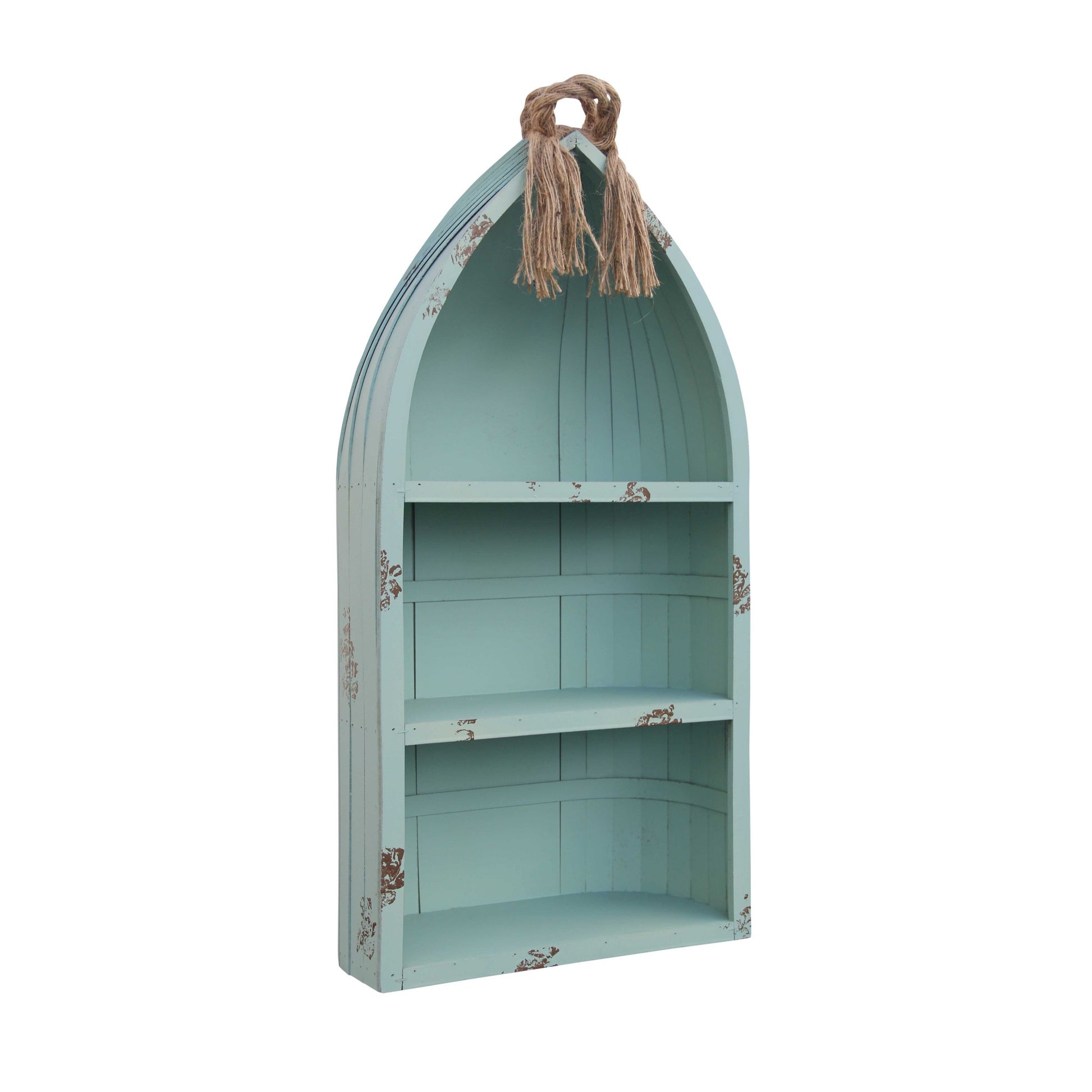34" Aqua Blue Wood Canoe Hanging Shelf-Wall Mounted Shelves-DECOROLALA