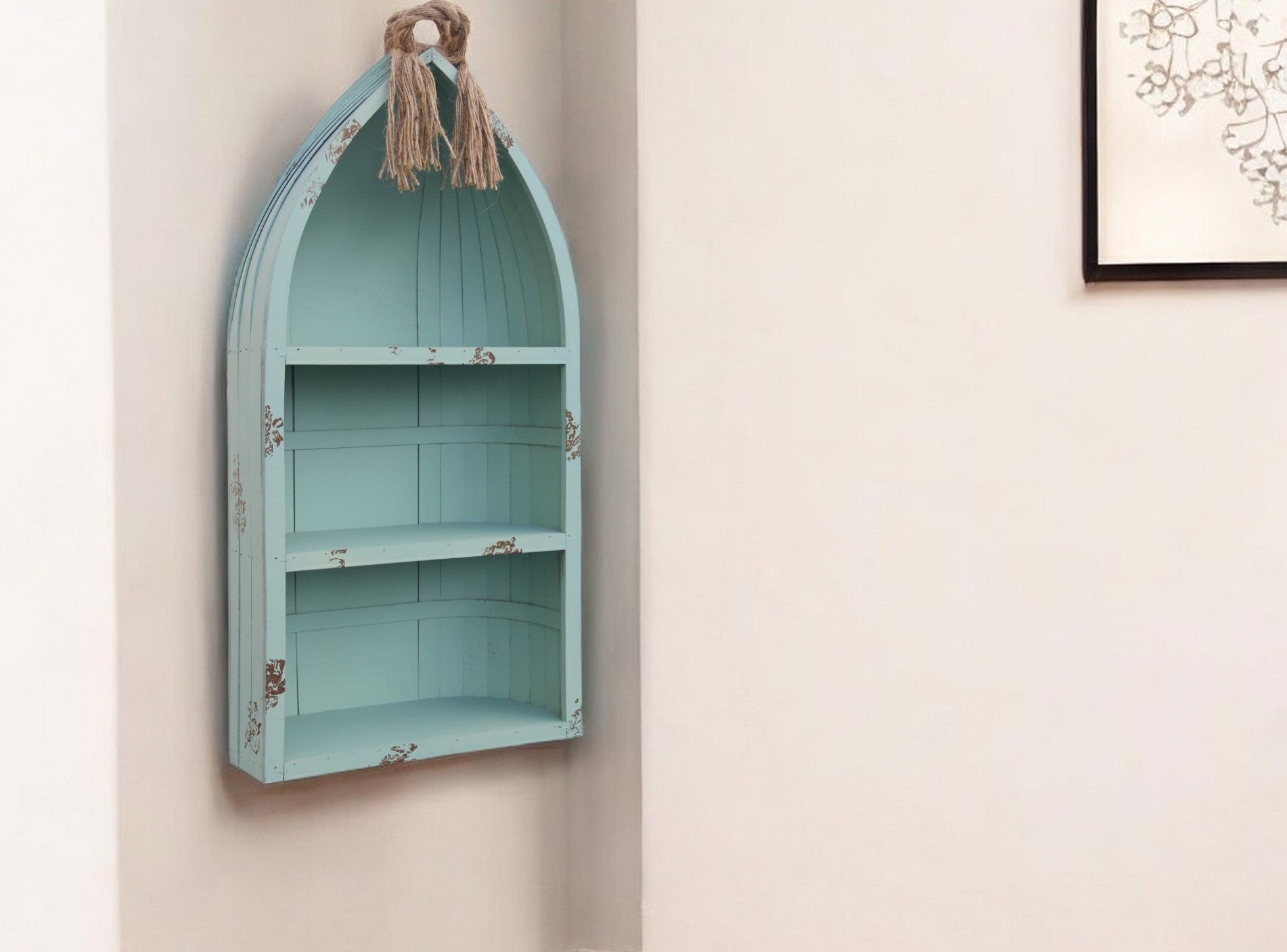 34" Aqua Blue Wood Canoe Hanging Shelf-Wall Mounted Shelves-DECOROLALA