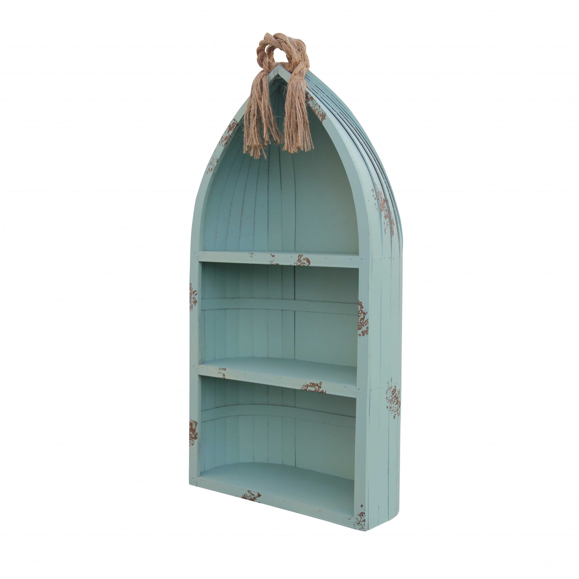 34" Aqua Blue Wood Canoe Hanging Shelf-Wall Mounted Shelves-DECOROLALA