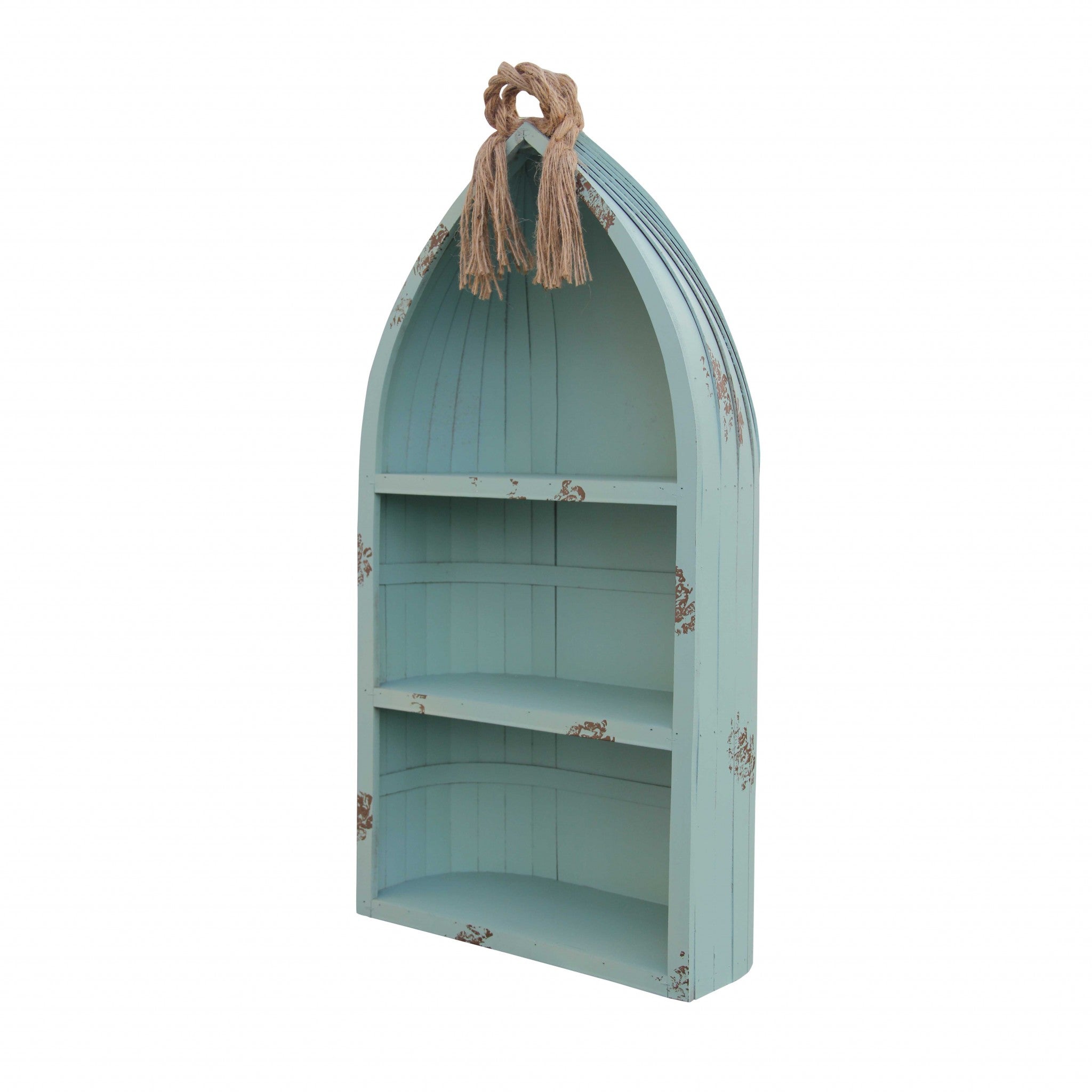 34" Aqua Blue Wood Canoe Hanging Shelf-Wall Mounted Shelves-DECOROLALA