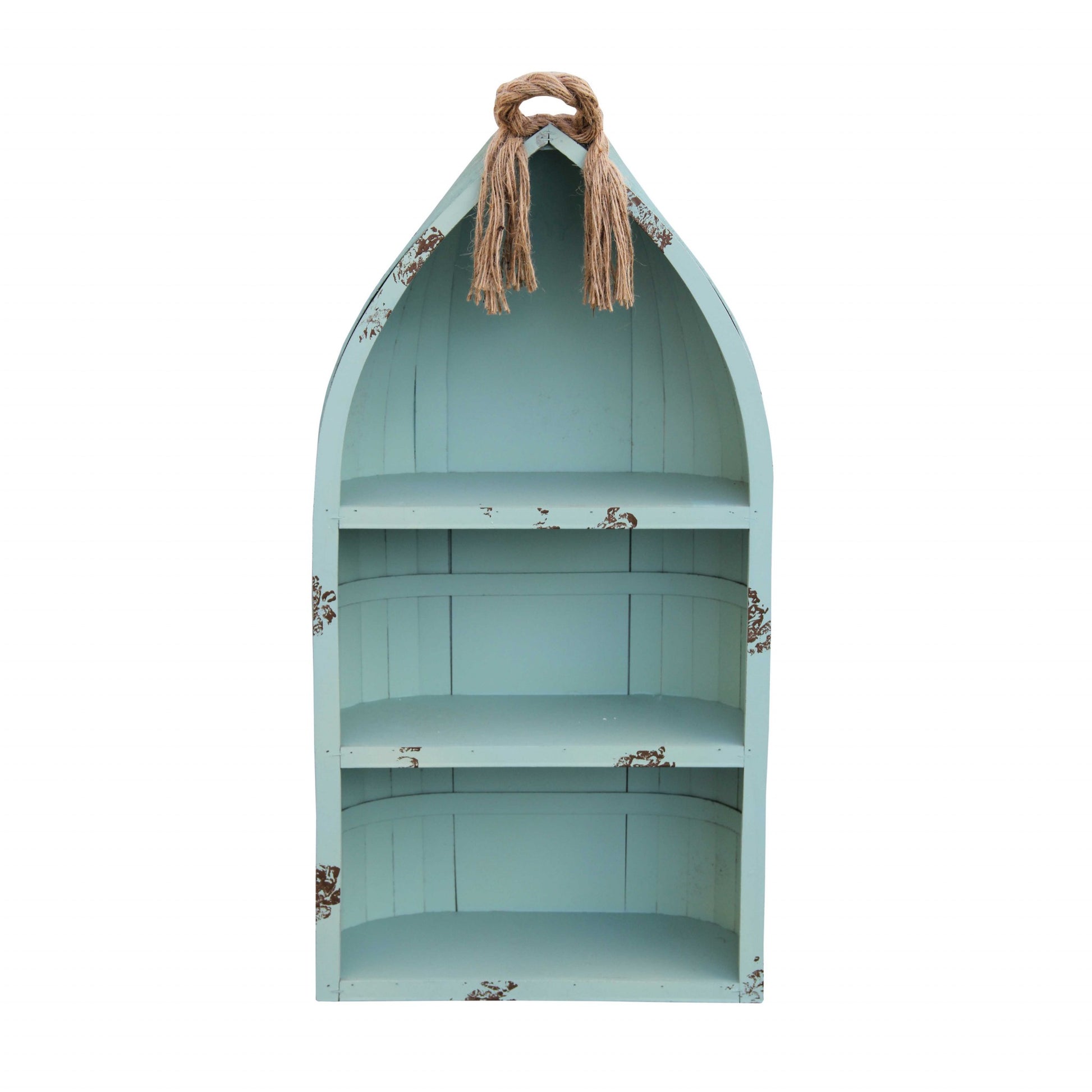 34" Aqua Blue Wood Canoe Hanging Shelf-Wall Mounted Shelves-DECOROLALA