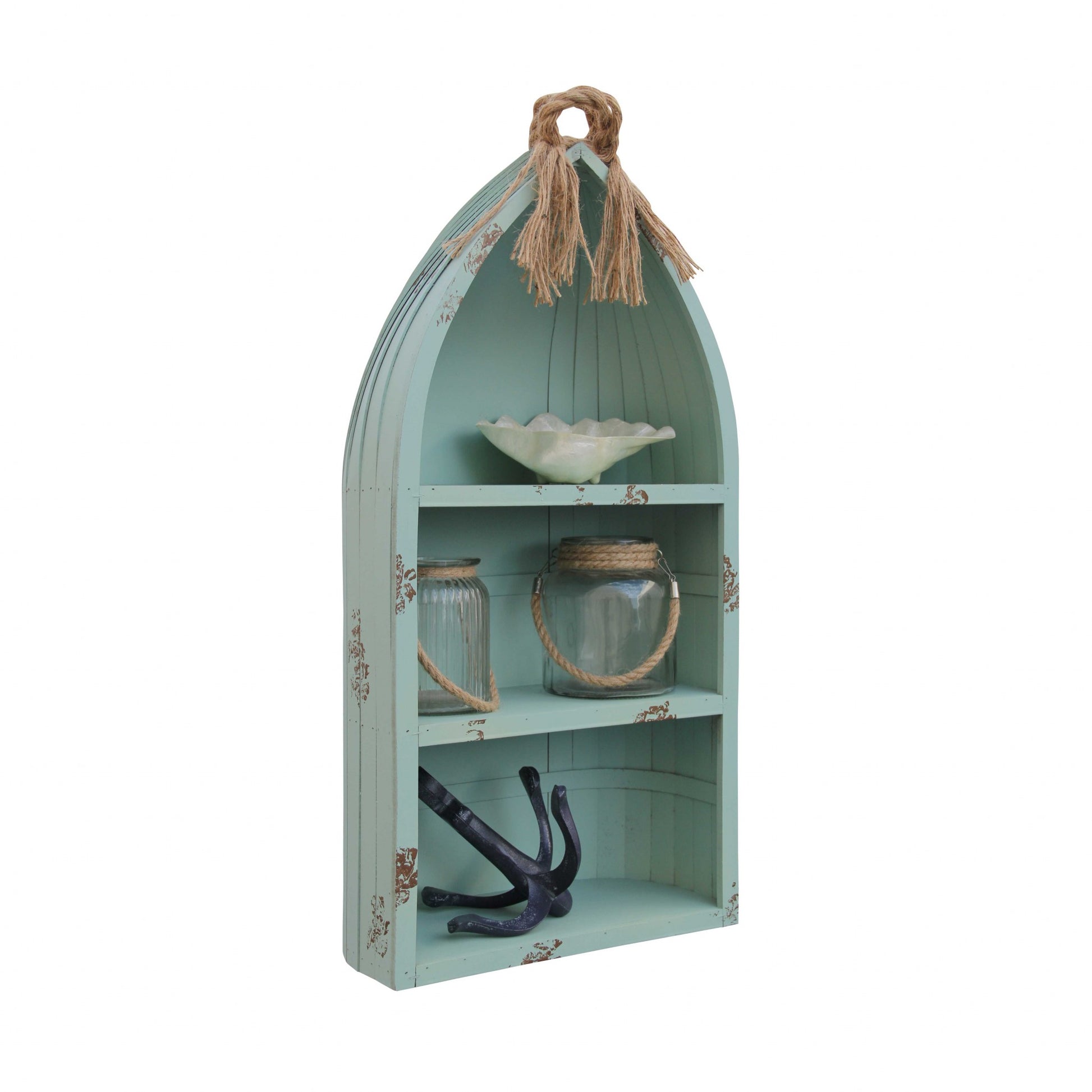 34" Aqua Blue Wood Canoe Hanging Shelf-Wall Mounted Shelves-DECOROLALA