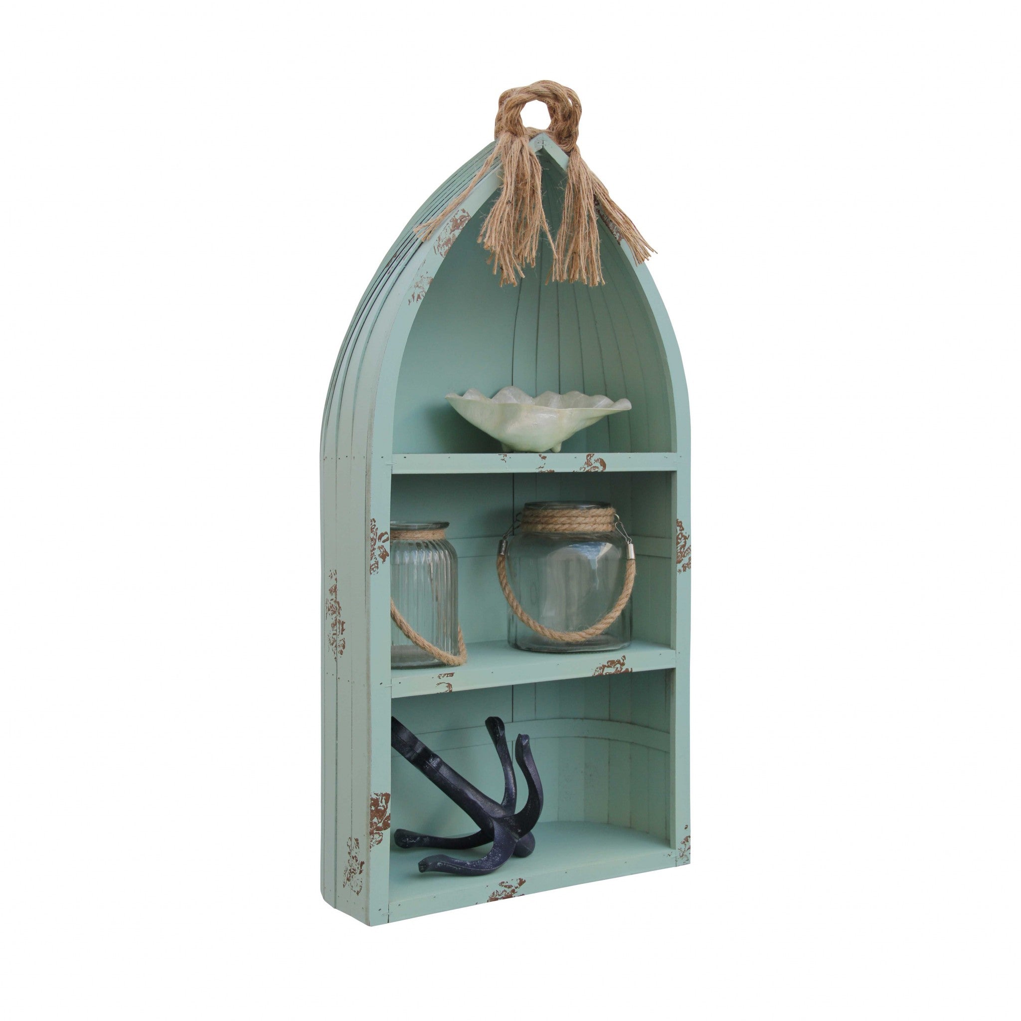 34" Aqua Blue Wood Canoe Hanging Shelf-Wall Mounted Shelves-DECOROLALA