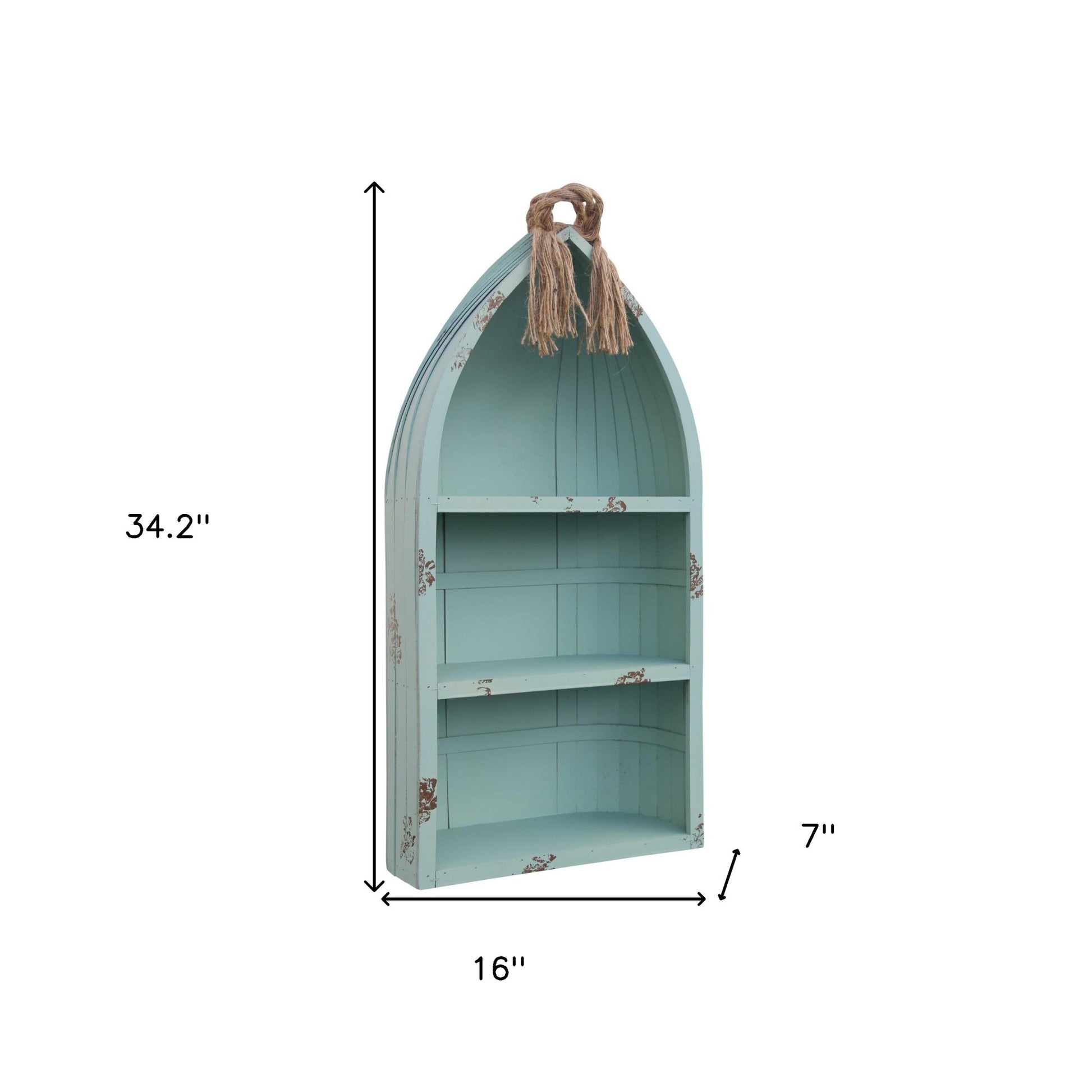 34" Aqua Blue Wood Canoe Hanging Shelf-Wall Mounted Shelves-DECOROLALA