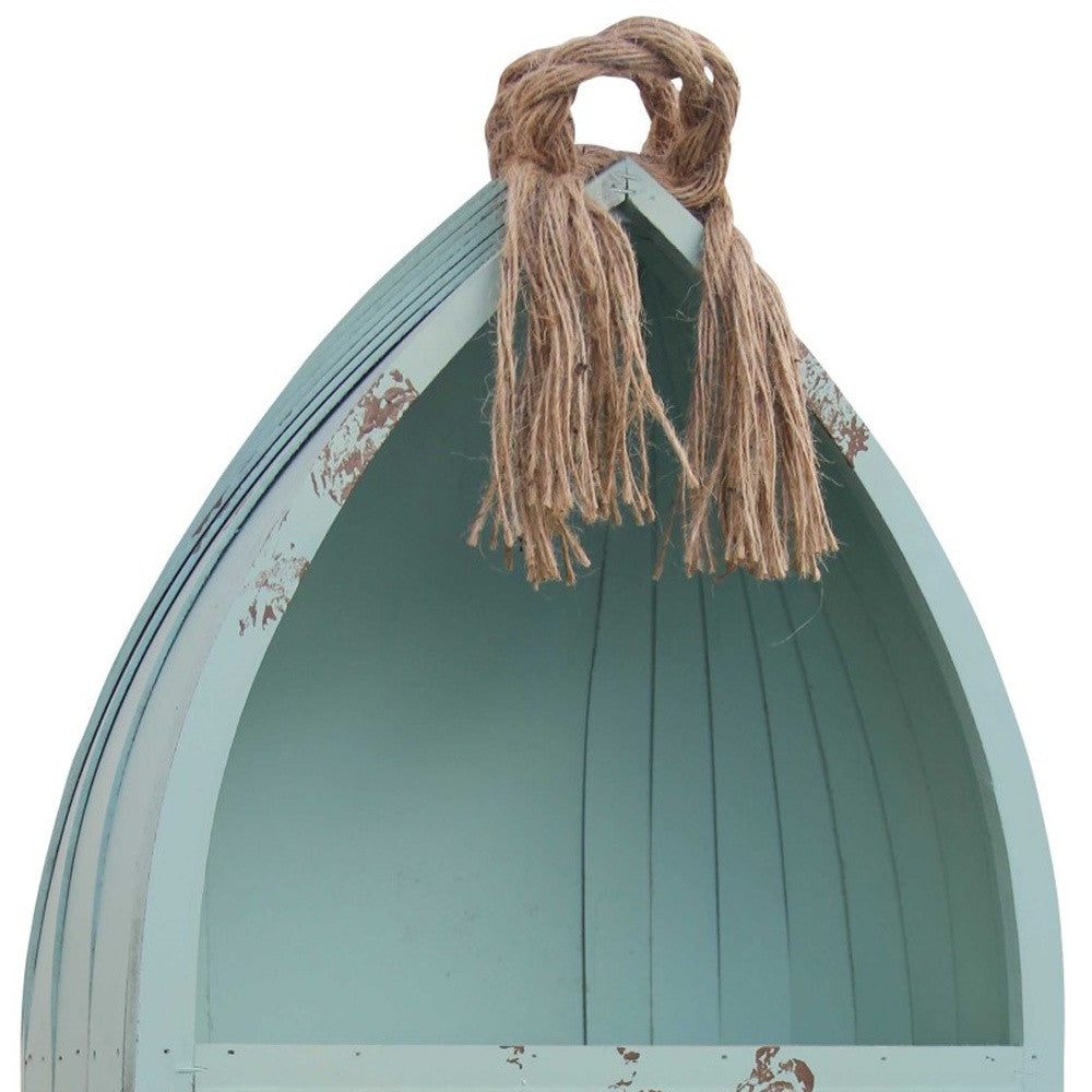 34" Aqua Blue Wood Canoe Hanging Shelf-Wall Mounted Shelves-DECOROLALA