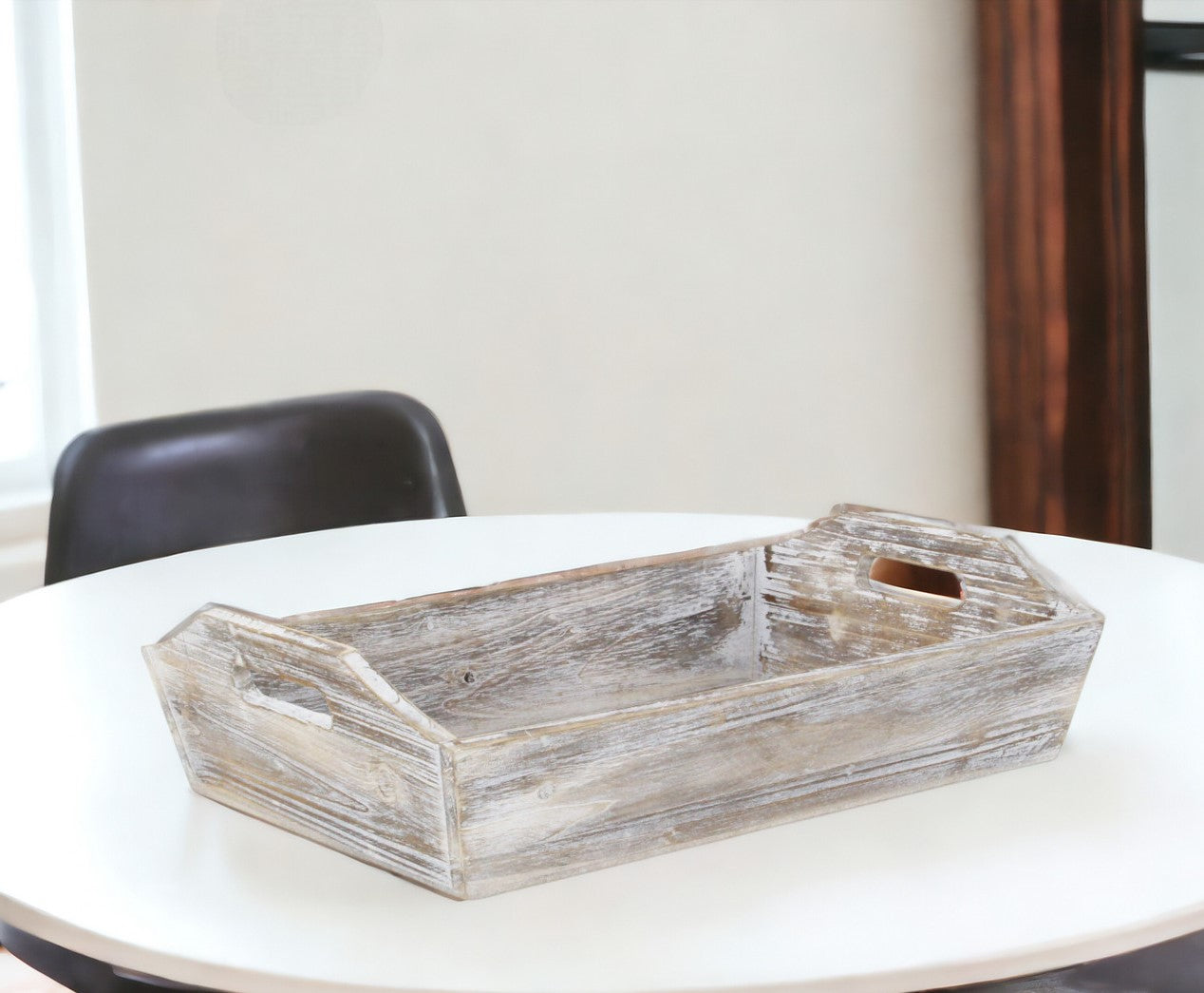 White Rustic Finish Wood Serving Tray With Handles-0