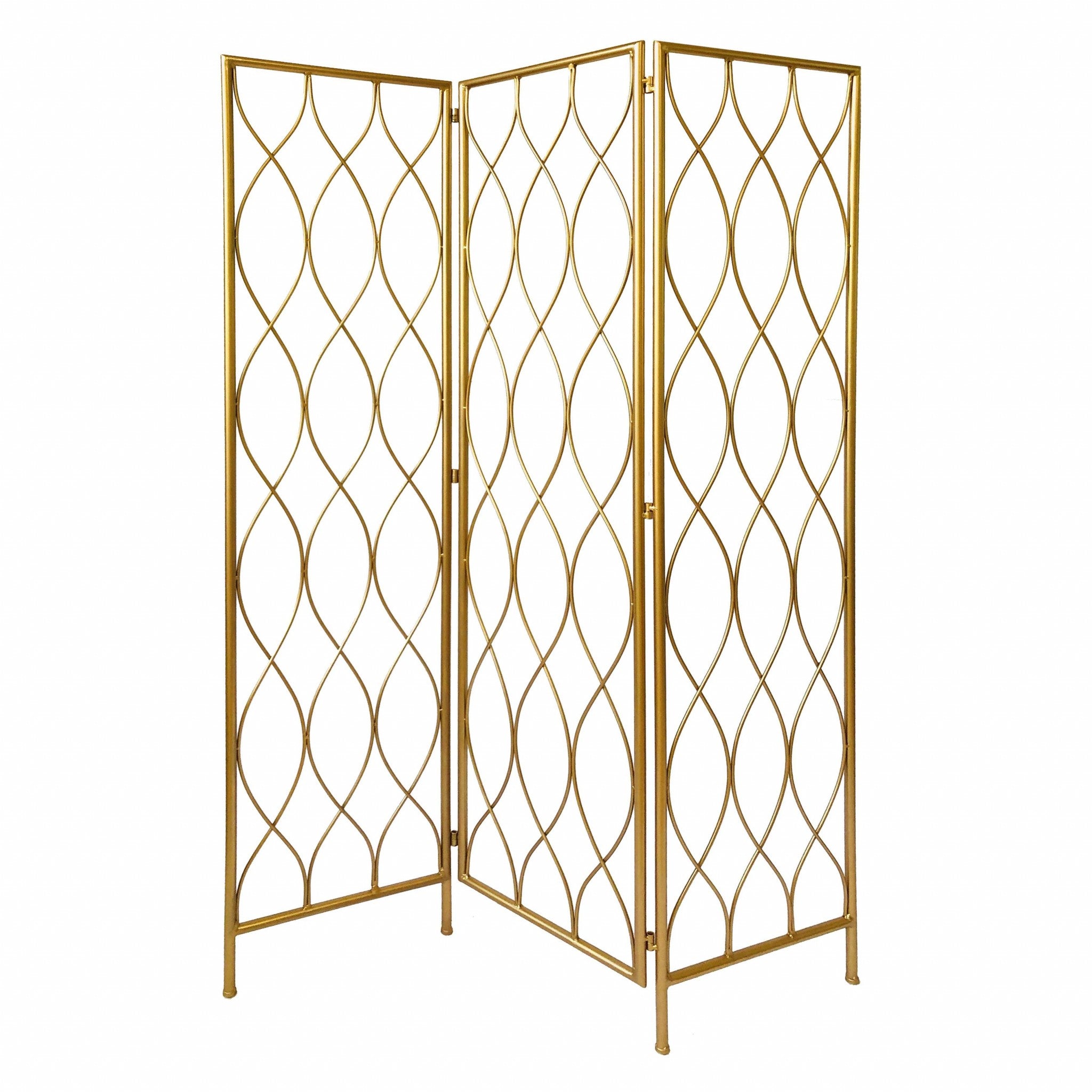 71" Gold Iron Folding Three Panel Screen Room Divider-Room Dividers-DECOROLALA