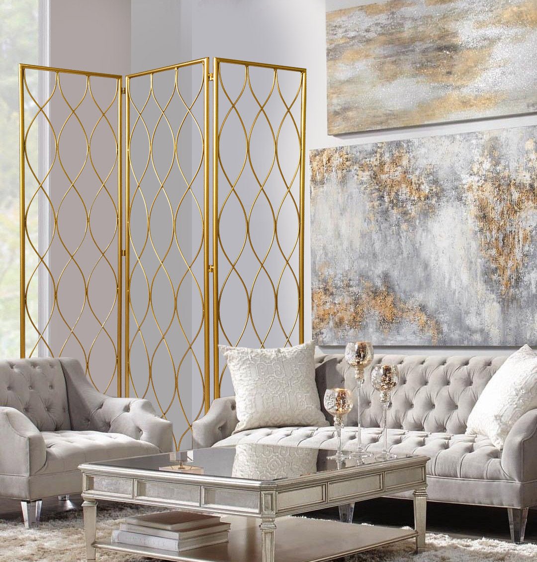 71" Gold Iron Folding Three Panel Screen Room Divider-Room Dividers-DECOROLALA