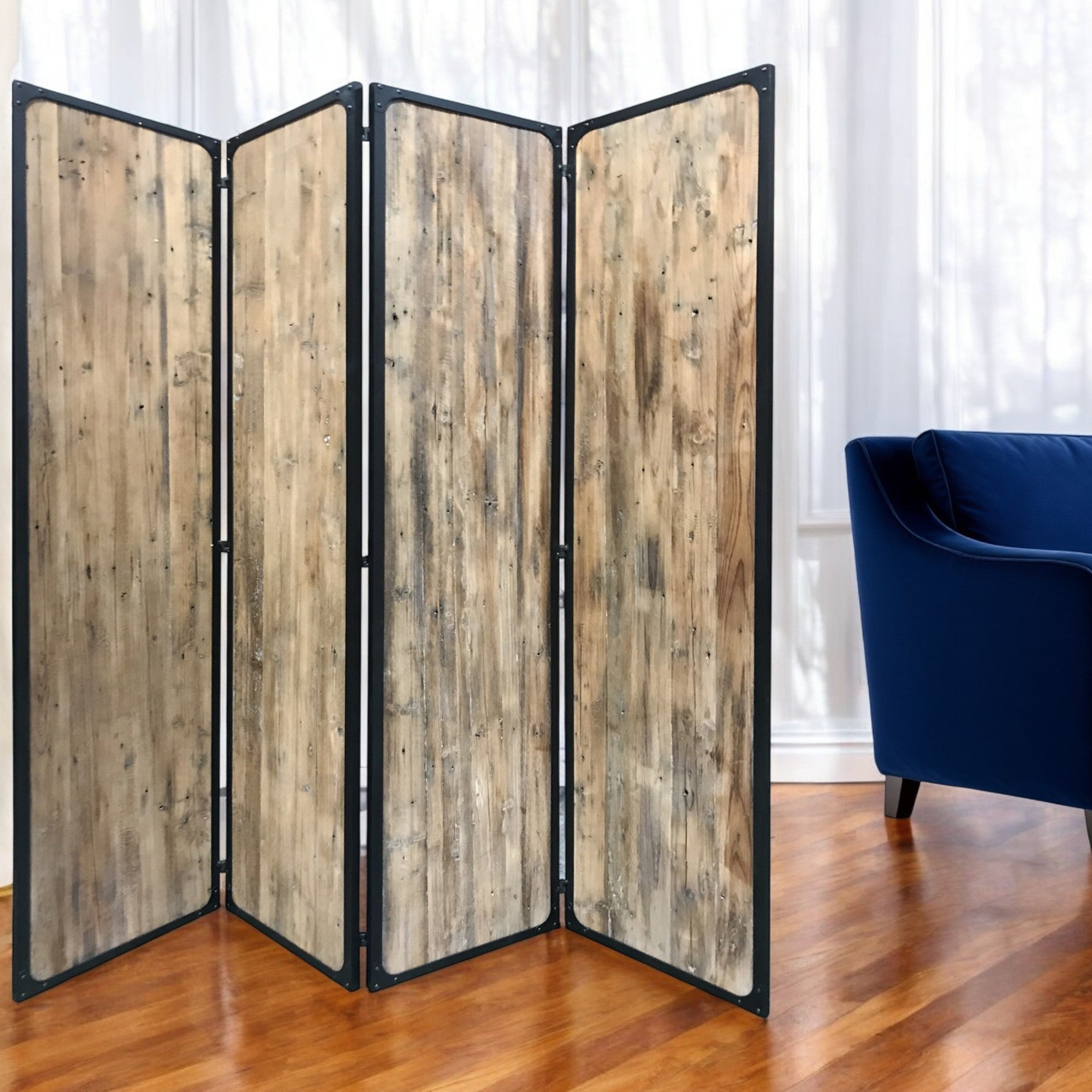 84" Brown Solid Wood Folding Four Panel Screen Room Divider-Room Dividers-DECOROLALA
