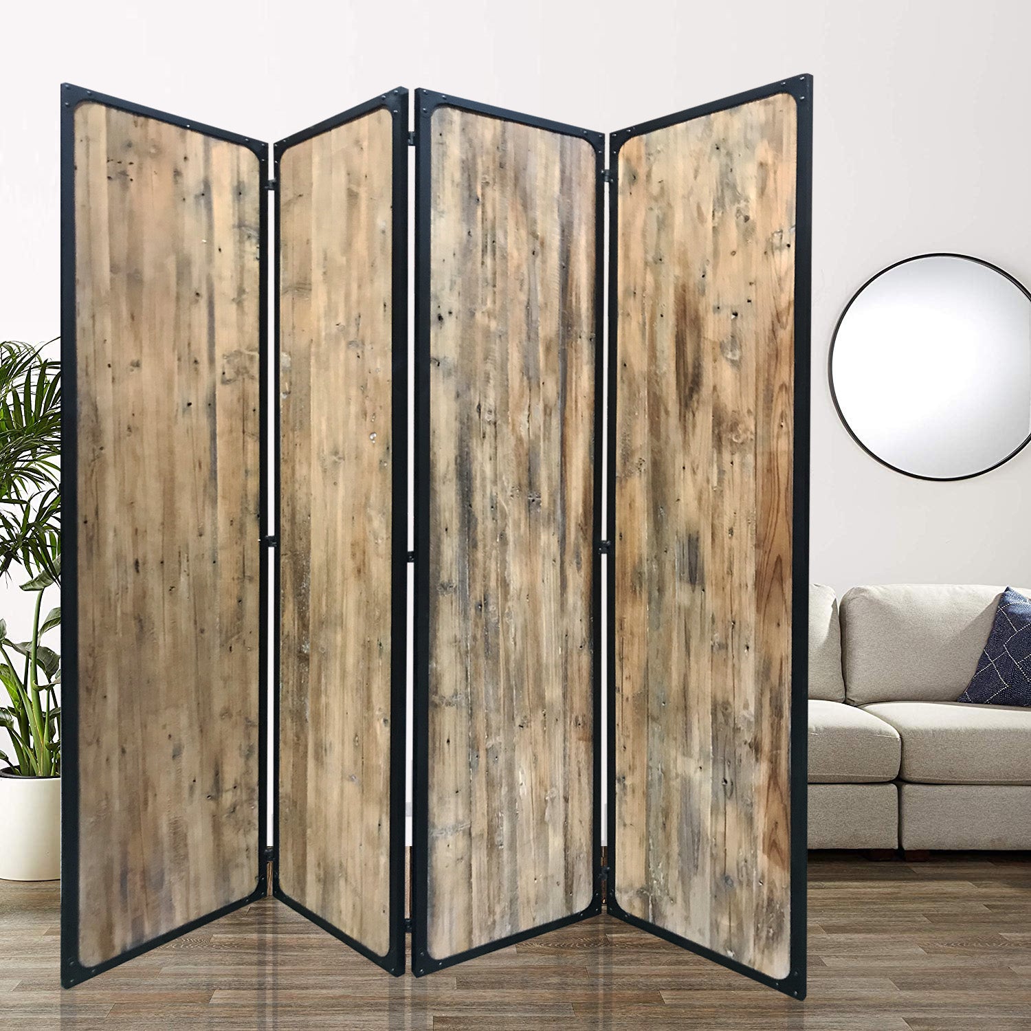 84" Brown Solid Wood Folding Four Panel Screen Room Divider-Room Dividers-DECOROLALA