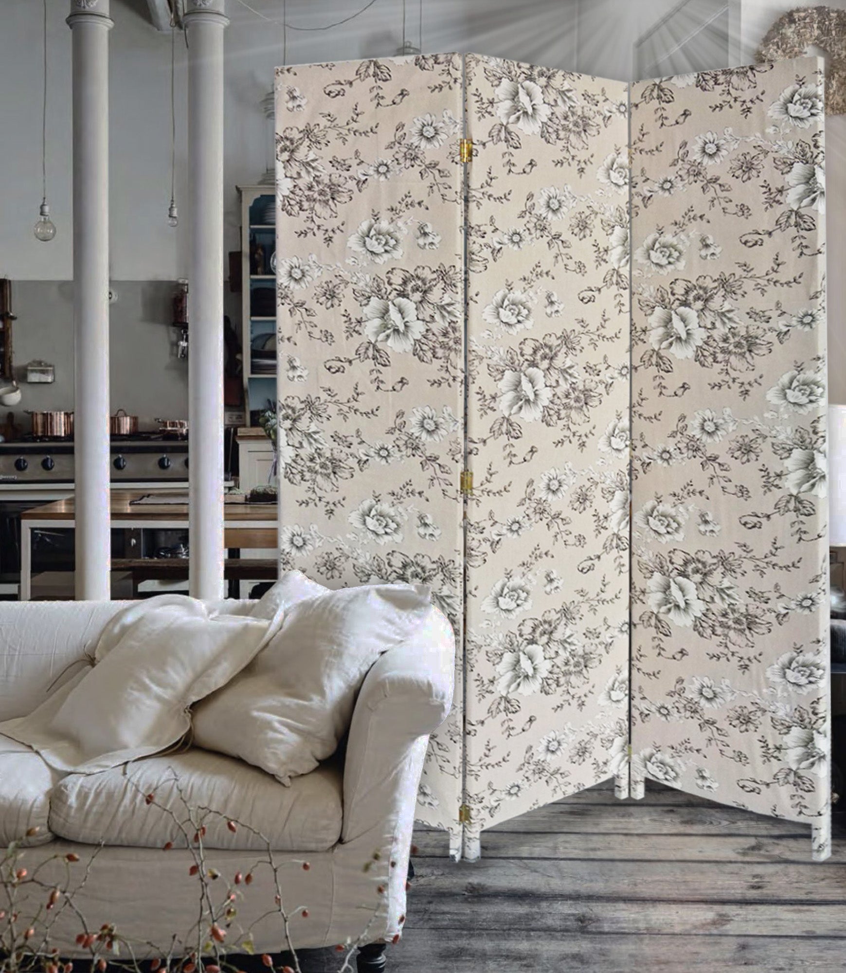 71" Beige and Black Fabric Folding Three Panel Screen Room Divider-Room Dividers-DECOROLALA