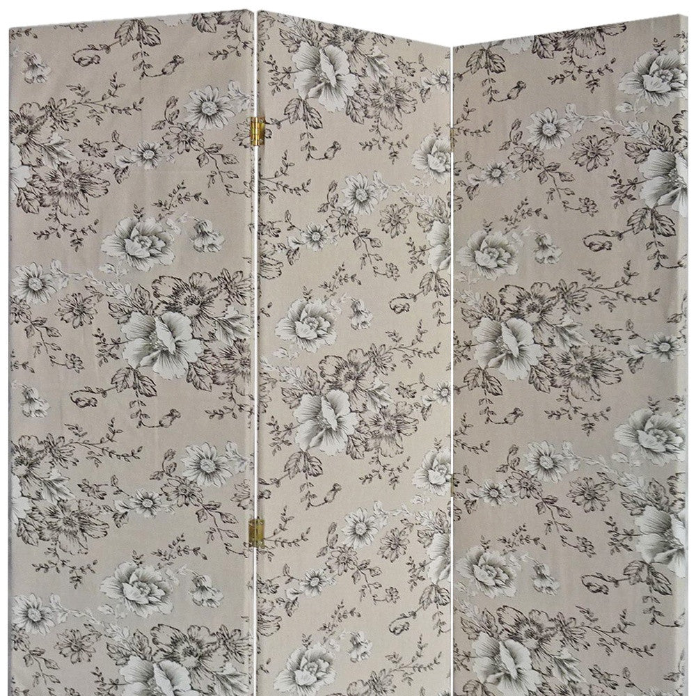 71" Beige and Black Fabric Folding Three Panel Screen Room Divider-Room Dividers-DECOROLALA