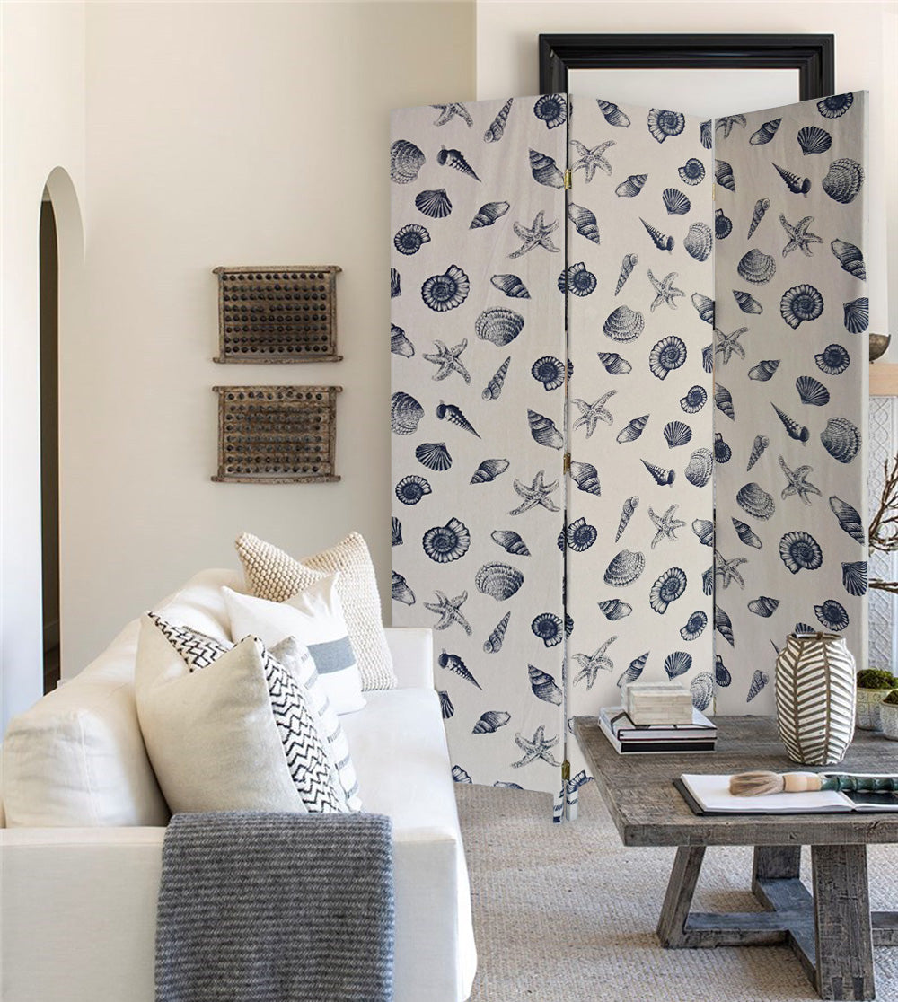 71" Blue and Beige Fabric Folding Three Panel Screen Room Divider-Room Dividers-DECOROLALA