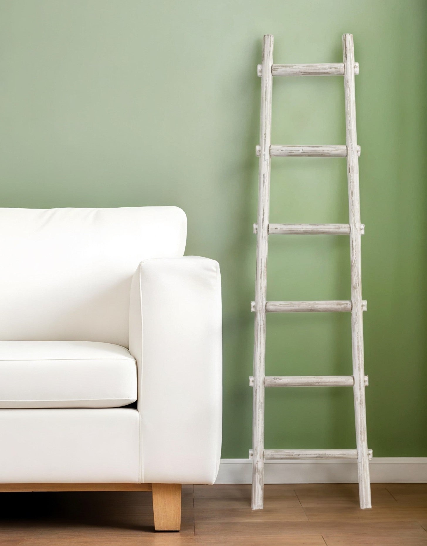 72" White Rustic Six Step Wood Ladder Shelf-1