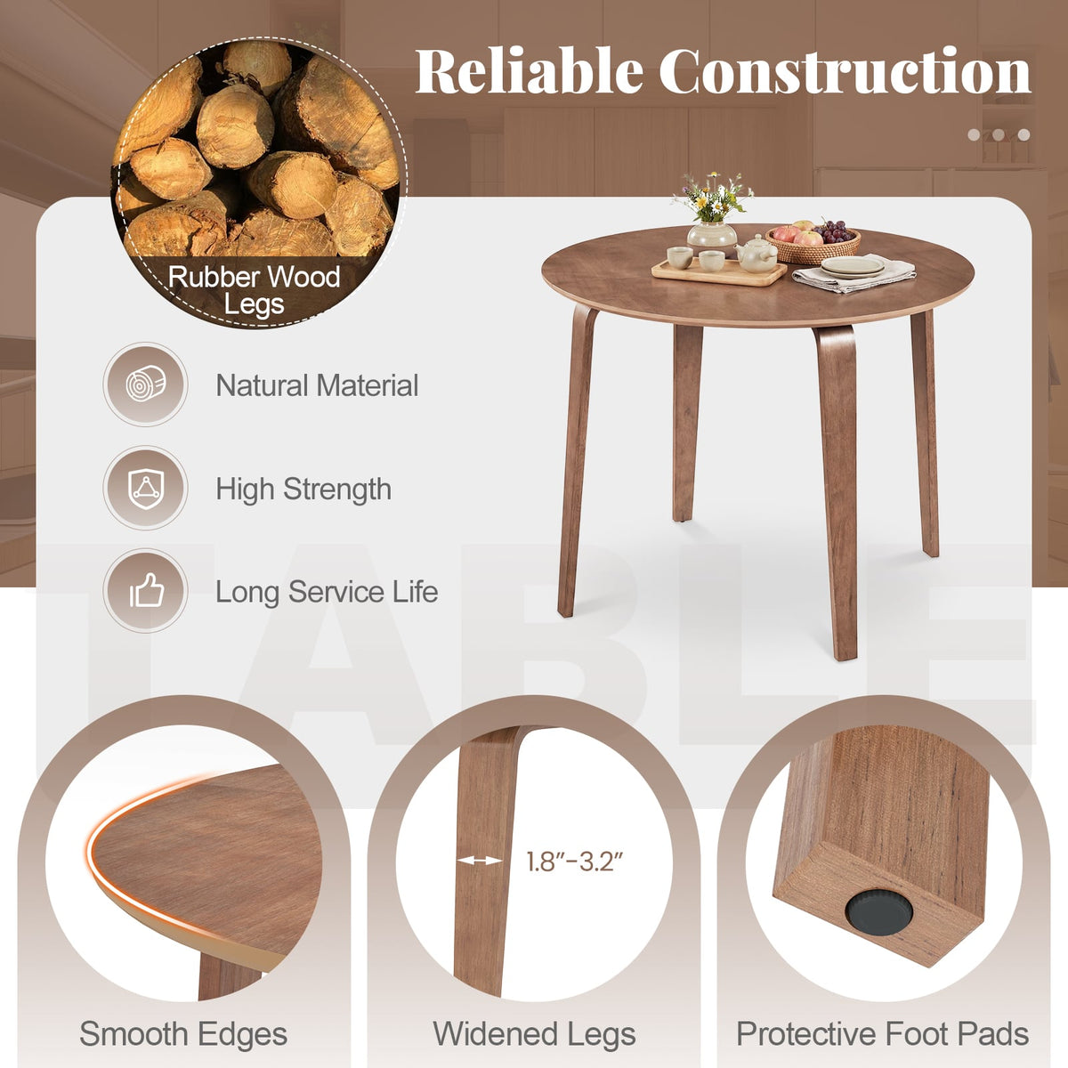 37.5" Round Dining Table with Rubber Wood Legs for Small Space-Walnut-Dining Tables-DECOROLALA