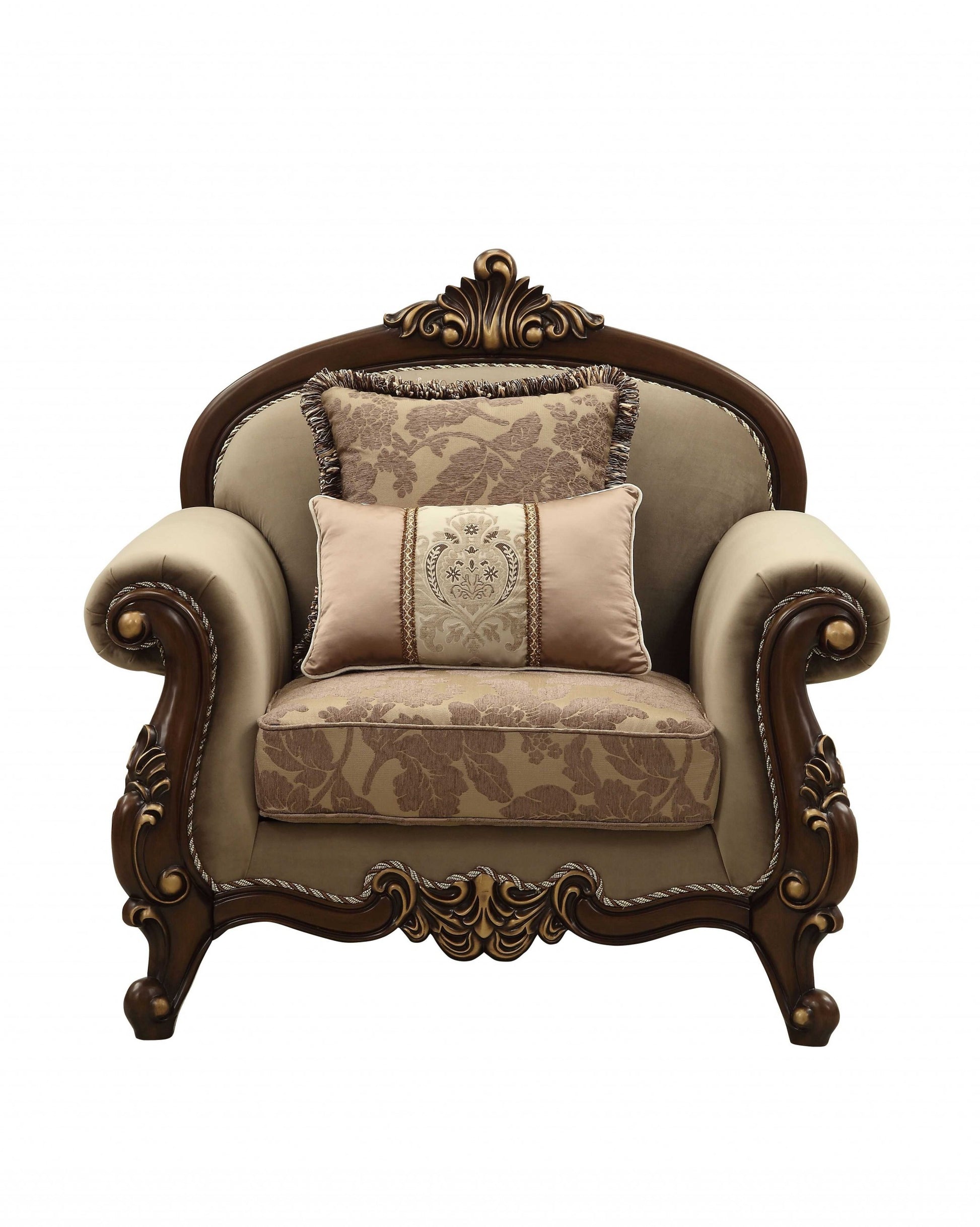 38" Beige and Brown Velvet Floral Arm Chair And Toss Pillows-Accent Chairs-DECOROLALA