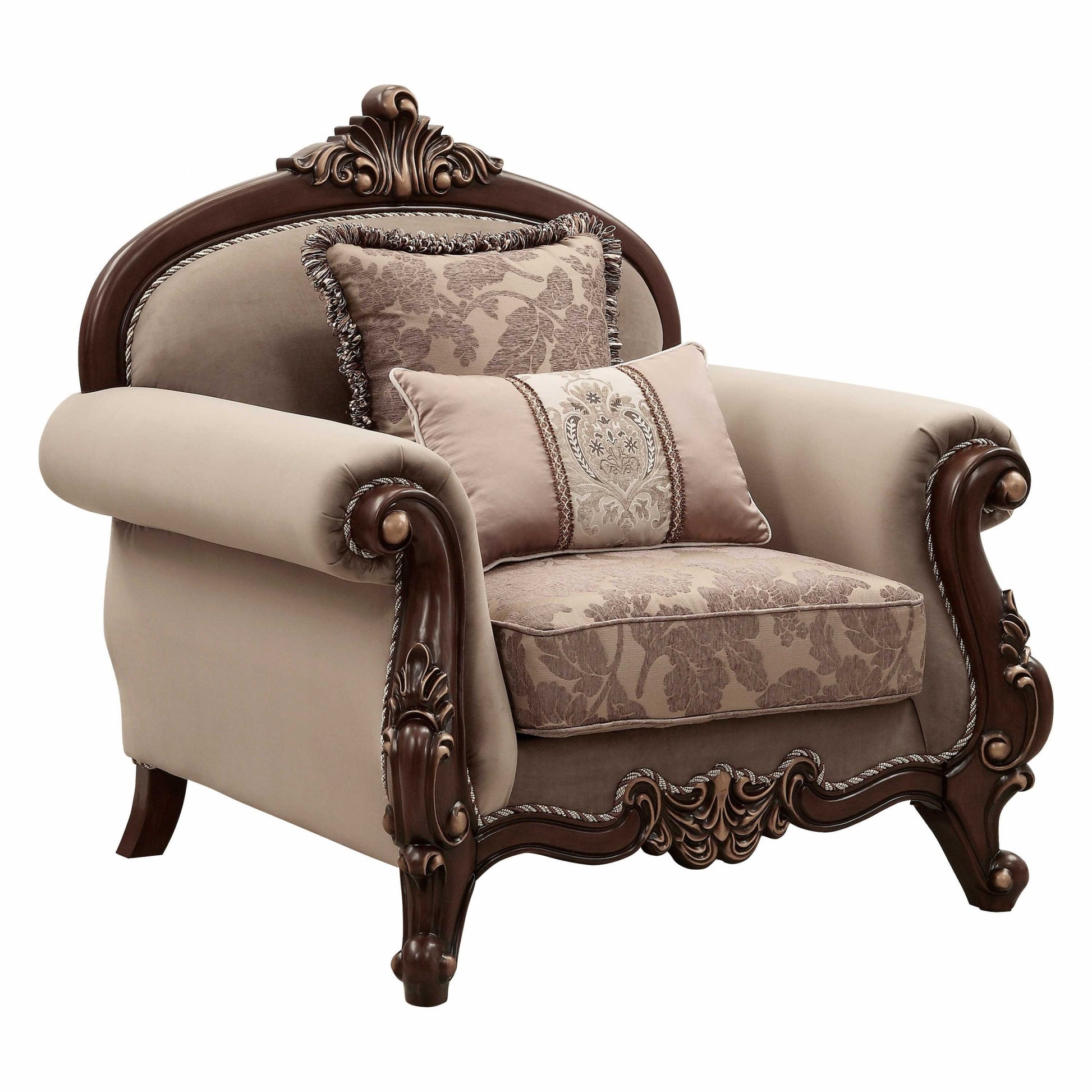 38" Beige and Brown Velvet Floral Arm Chair And Toss Pillows-Accent Chairs-DECOROLALA