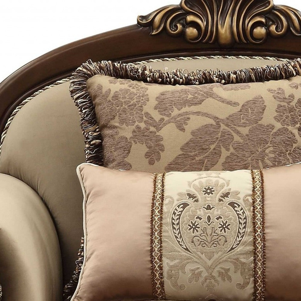 38" Beige and Brown Velvet Floral Arm Chair And Toss Pillows-Accent Chairs-DECOROLALA