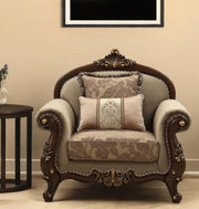38" Beige and Brown Velvet Floral Arm Chair And Toss Pillows-Accent Chairs-DECOROLALA