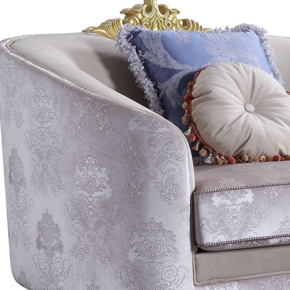 38" Cream and Black Velvet Damask Barrel Chair And Toss Pillows-Accent Chairs-DECOROLALA