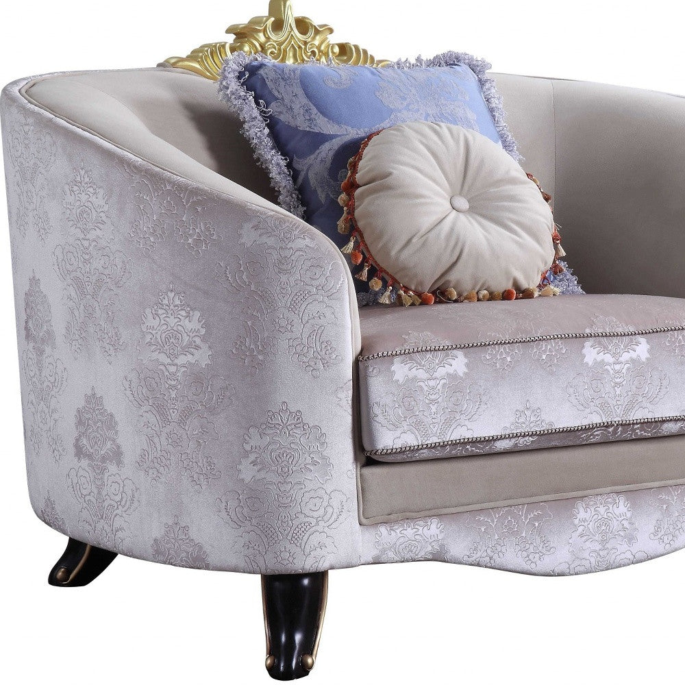 38" Cream and Black Velvet Damask Barrel Chair And Toss Pillows-Accent Chairs-DECOROLALA