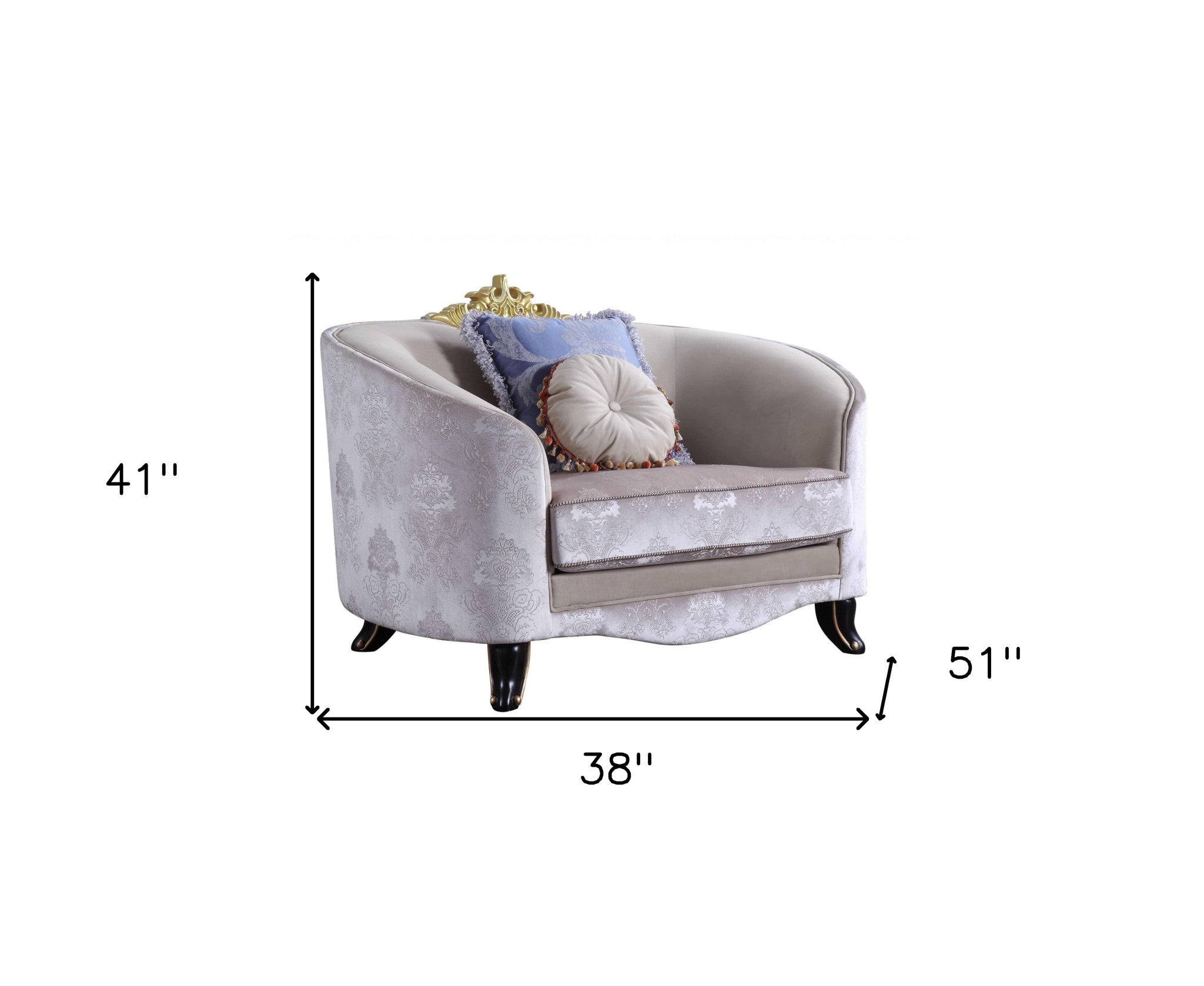 38" Cream and Black Velvet Damask Barrel Chair And Toss Pillows-Accent Chairs-DECOROLALA