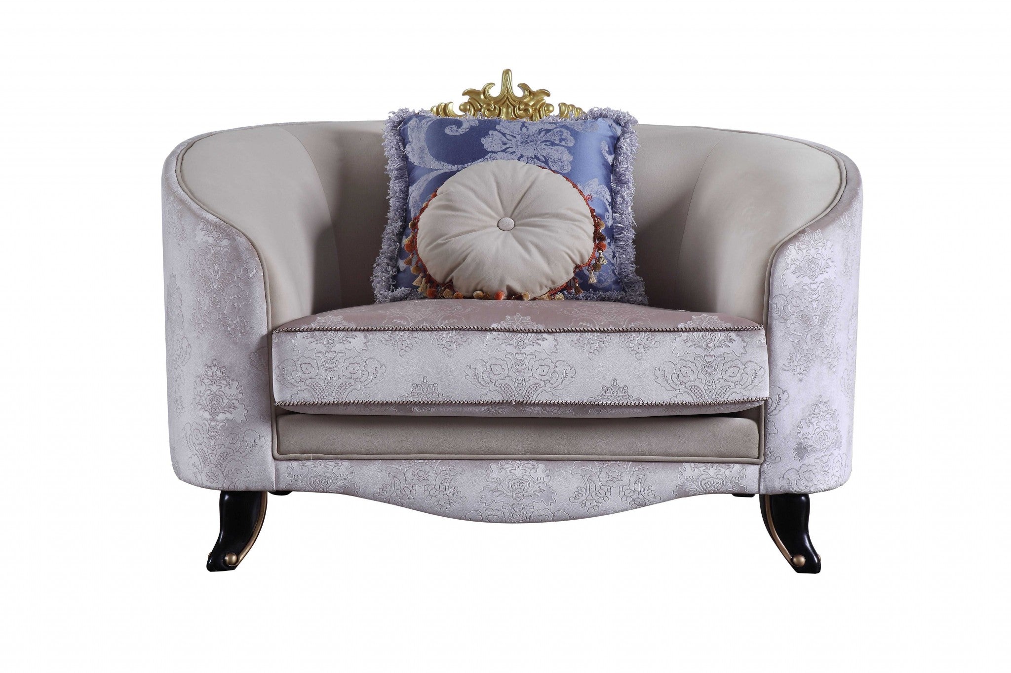 38" Cream and Black Velvet Damask Barrel Chair And Toss Pillows-Accent Chairs-DECOROLALA
