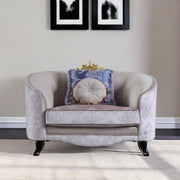 38" Cream and Black Velvet Damask Barrel Chair And Toss Pillows-Accent Chairs-DECOROLALA