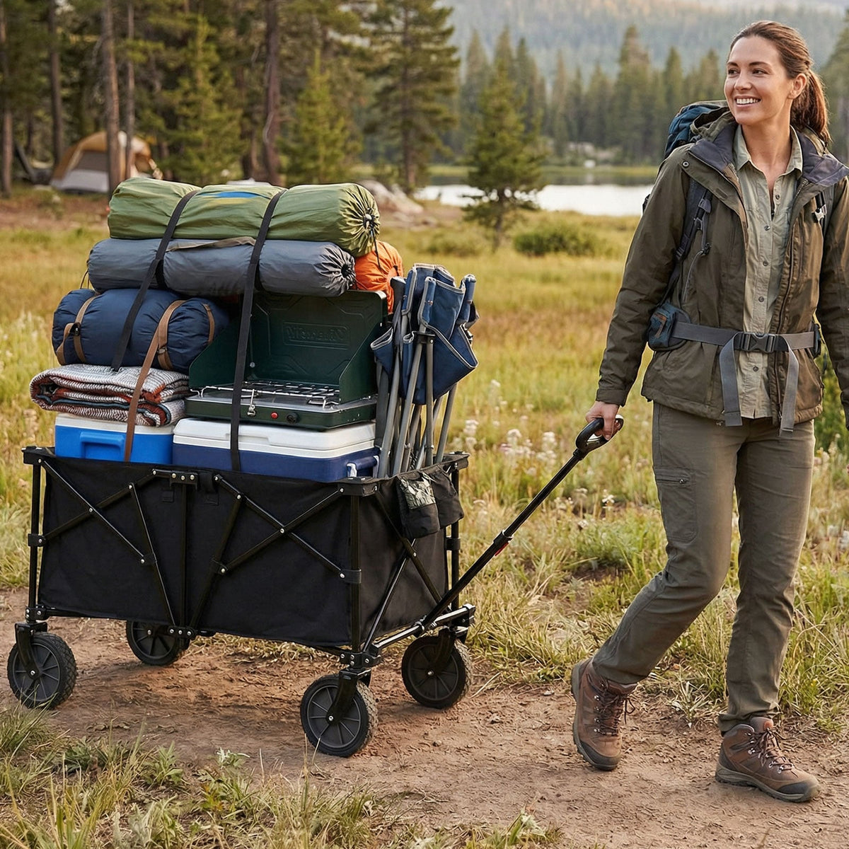 38 Inch 400 LBS Heavy-Duty Collapsible Wagon Cart with Adjustable Handle for Camping Garden-Black-Garden Carts-DECOROLALA