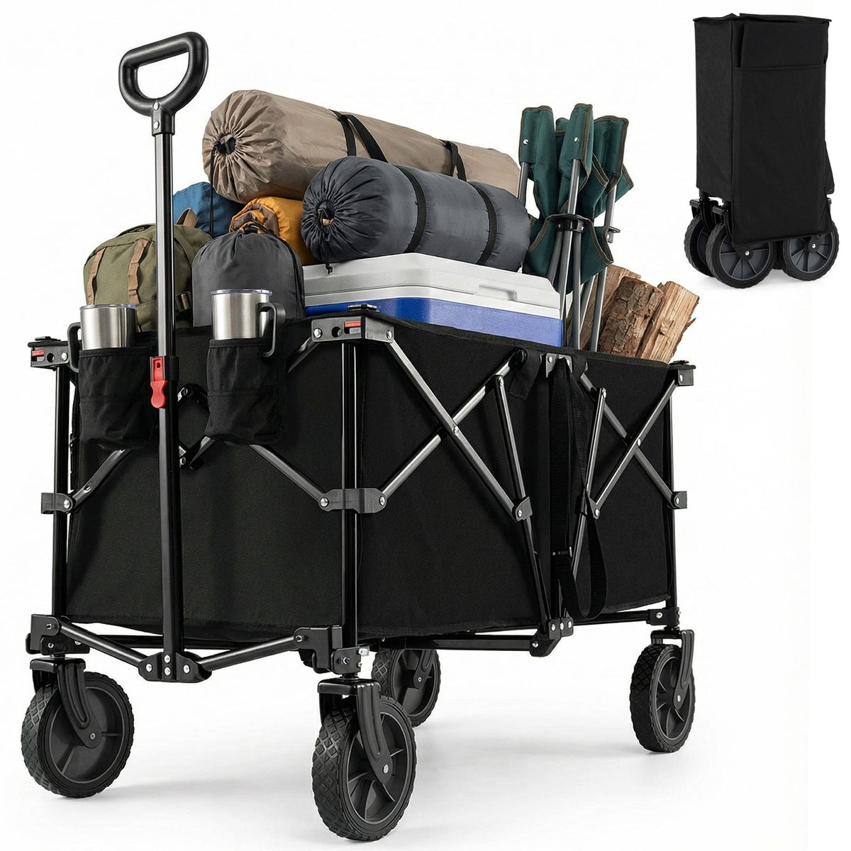 38 Inch 400 LBS Heavy-Duty Collapsible Wagon Cart with Adjustable Handle for Camping Garden-Black-Garden Carts-DECOROLALA