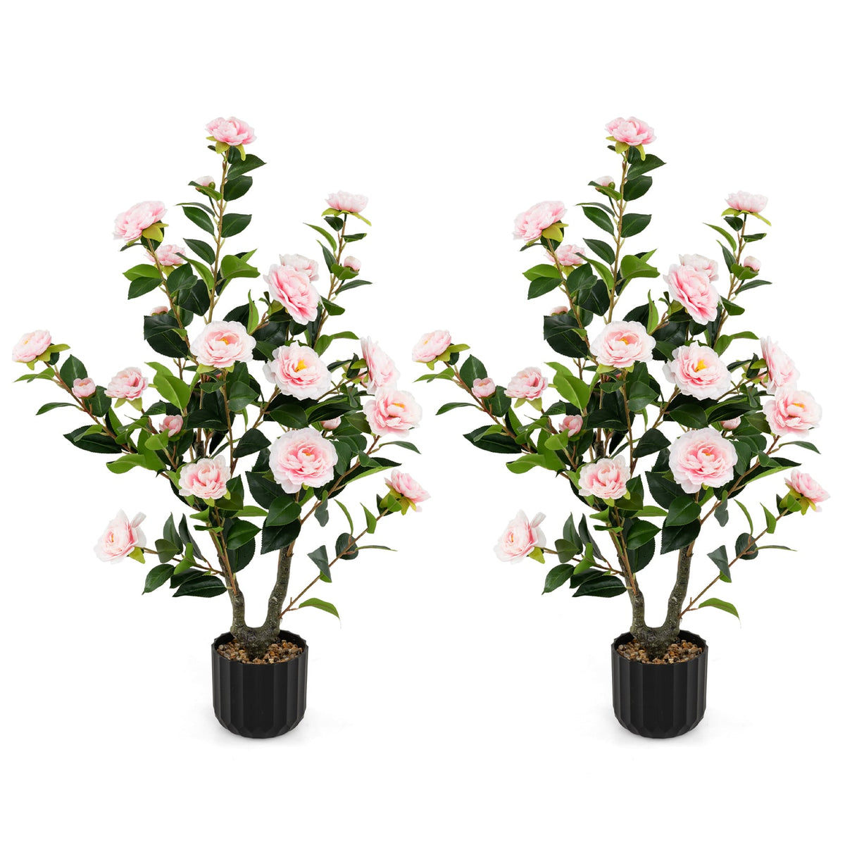 38 Inch Artificial Camellia Tree Faux Flower Plant in Cement Pot 2 Pack-Pink-Artificial Plants-DECOROLALA