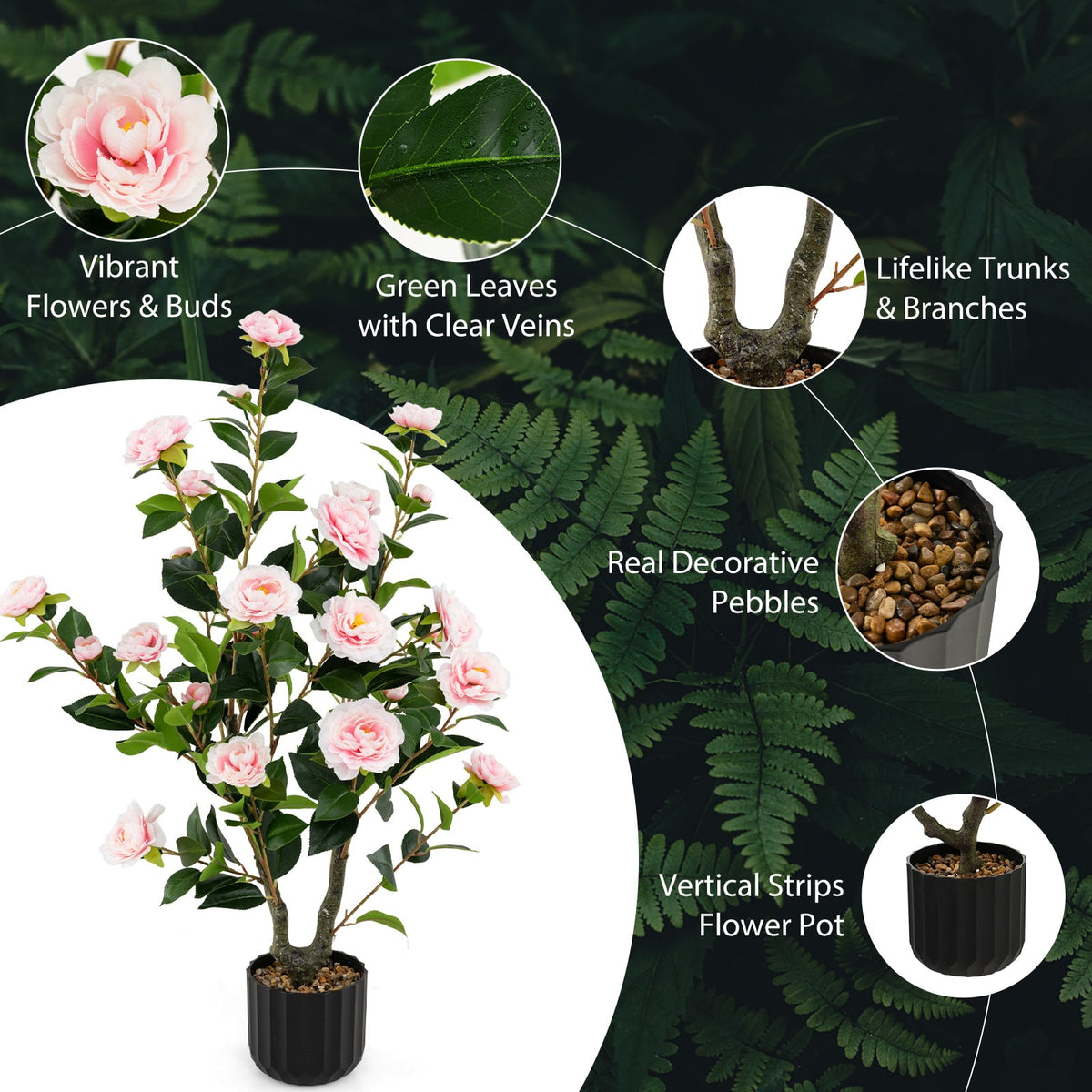 38 Inch Artificial Camellia Tree Faux Flower Plant in Cement Pot 2 Pack-Pink-Artificial Plants-DECOROLALA
