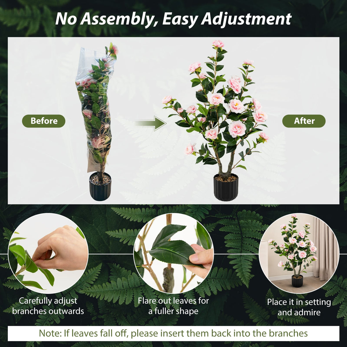38 Inch Artificial Camellia Tree Faux Flower Plant in Cement Pot 2 Pack-Pink-Artificial Plants-DECOROLALA