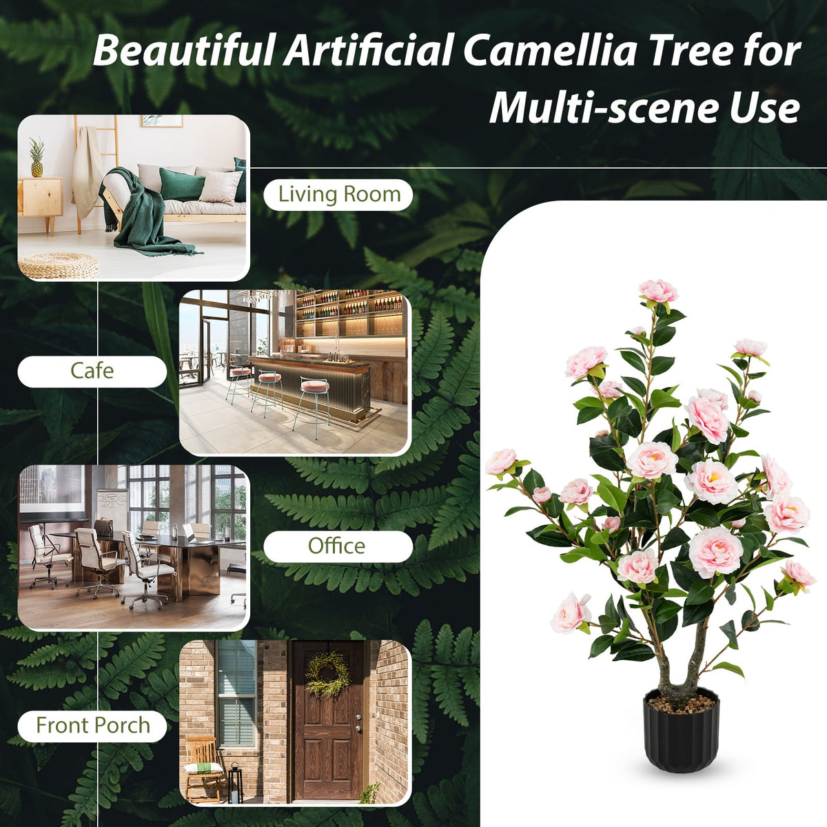 38 Inch Artificial Camellia Tree Faux Flower Plant in Cement Pot 2 Pack-Pink-Artificial Plants-DECOROLALA