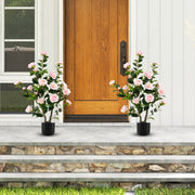 38 Inch Artificial Camellia Tree Faux Flower Plant in Cement Pot 2 Pack-Pink-Artificial Plants-DECOROLALA