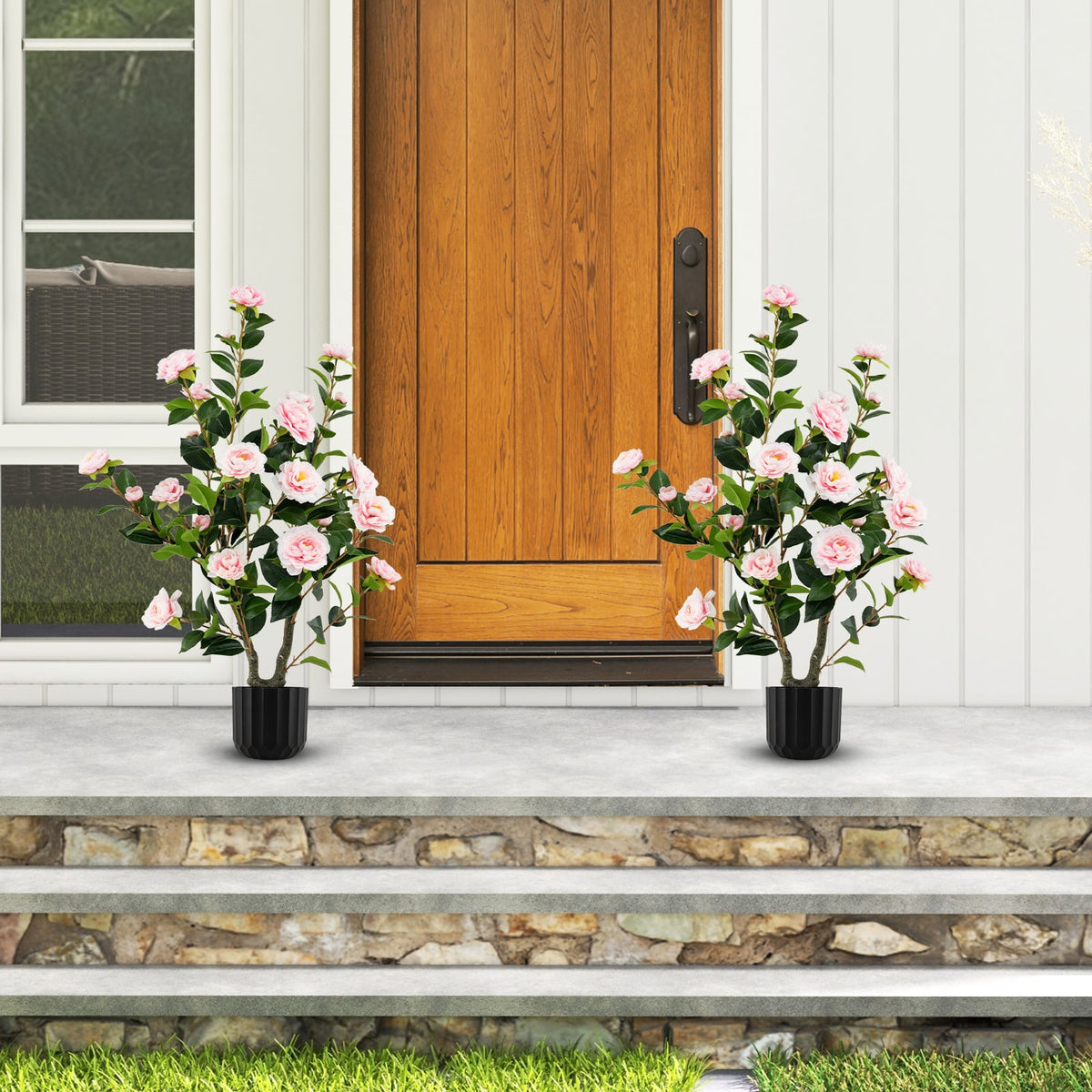 38 Inch Artificial Camellia Tree Faux Flower Plant in Cement Pot 2 Pack-Pink-Artificial Plants-DECOROLALA