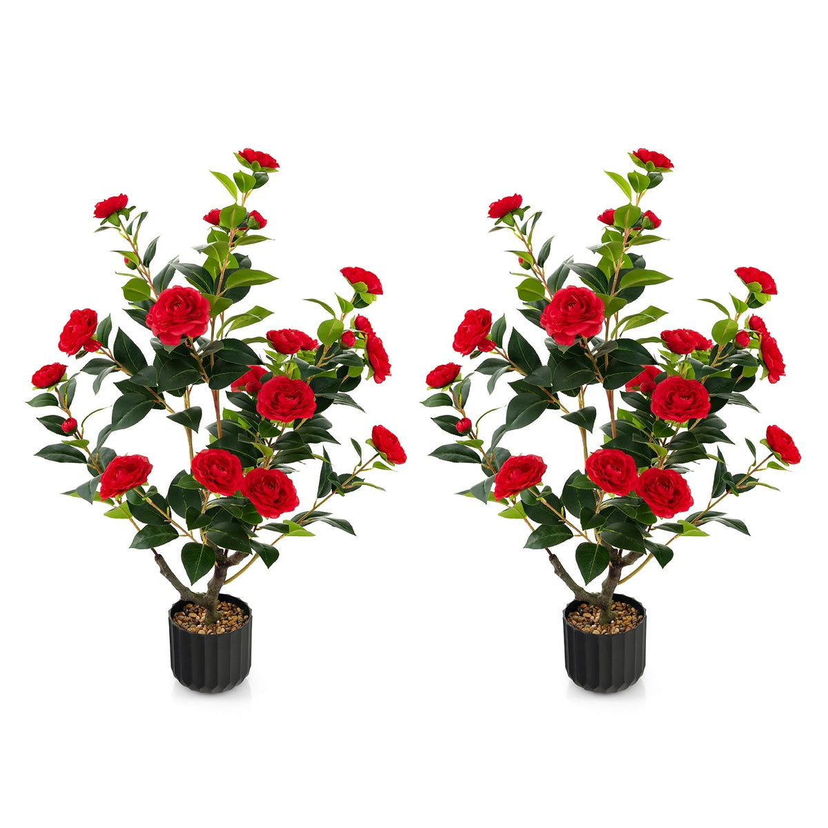 38 Inch Artificial Camellia Tree Faux Flower Plant in Cement Pot 2 Pack-Red-Artificial Plants-DECOROLALA