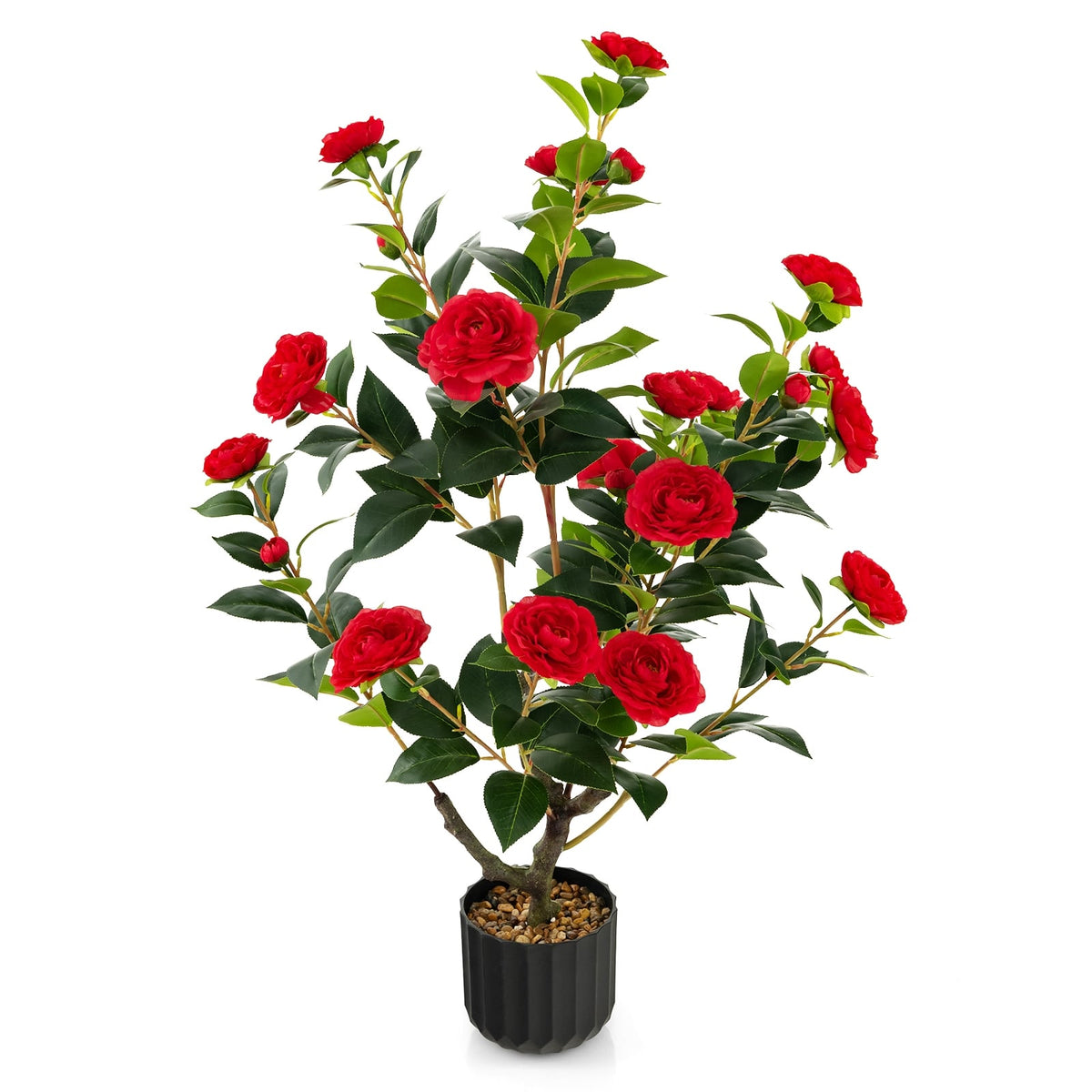 38 Inch Artificial Camellia Tree Faux Flower Plant in Cement Pot 2 Pack-Red-Artificial Plants-DECOROLALA