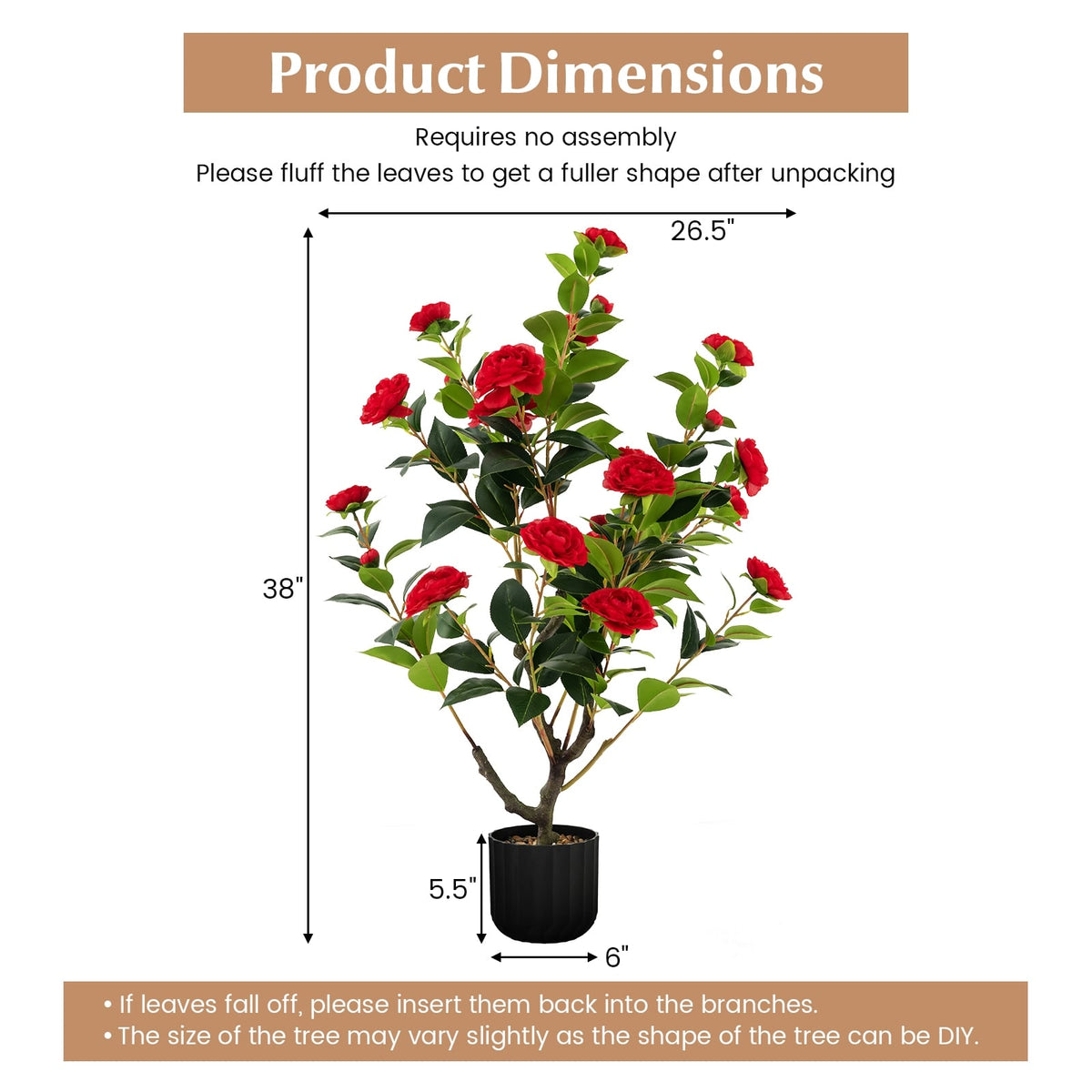 38 Inch Artificial Camellia Tree Faux Flower Plant in Cement Pot 2 Pack-Red-Artificial Plants-DECOROLALA