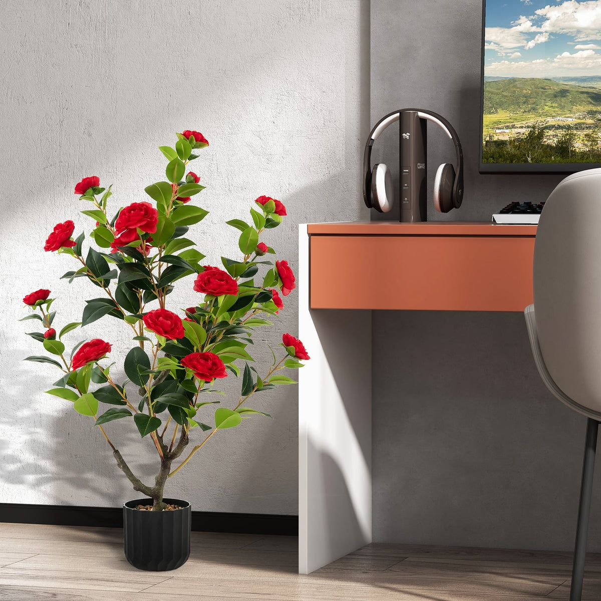 38 Inch Artificial Camellia Tree Faux Flower Plant in Cement Pot 2 Pack-Red-Artificial Plants-DECOROLALA