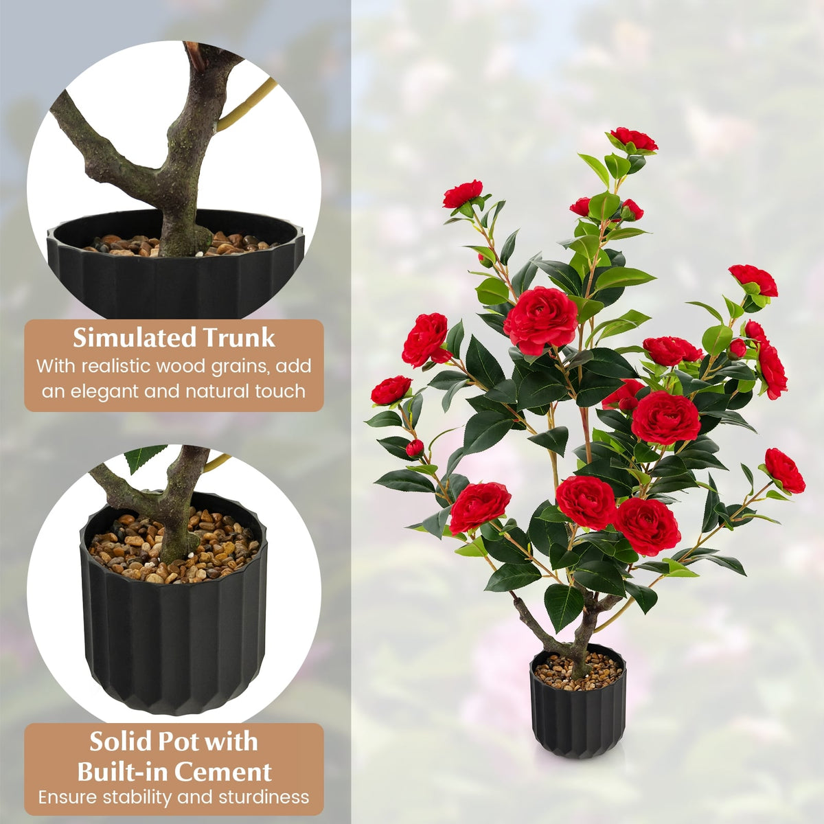 38 Inch Artificial Camellia Tree Faux Flower Plant in Cement Pot 2 Pack-Red-Artificial Plants-DECOROLALA