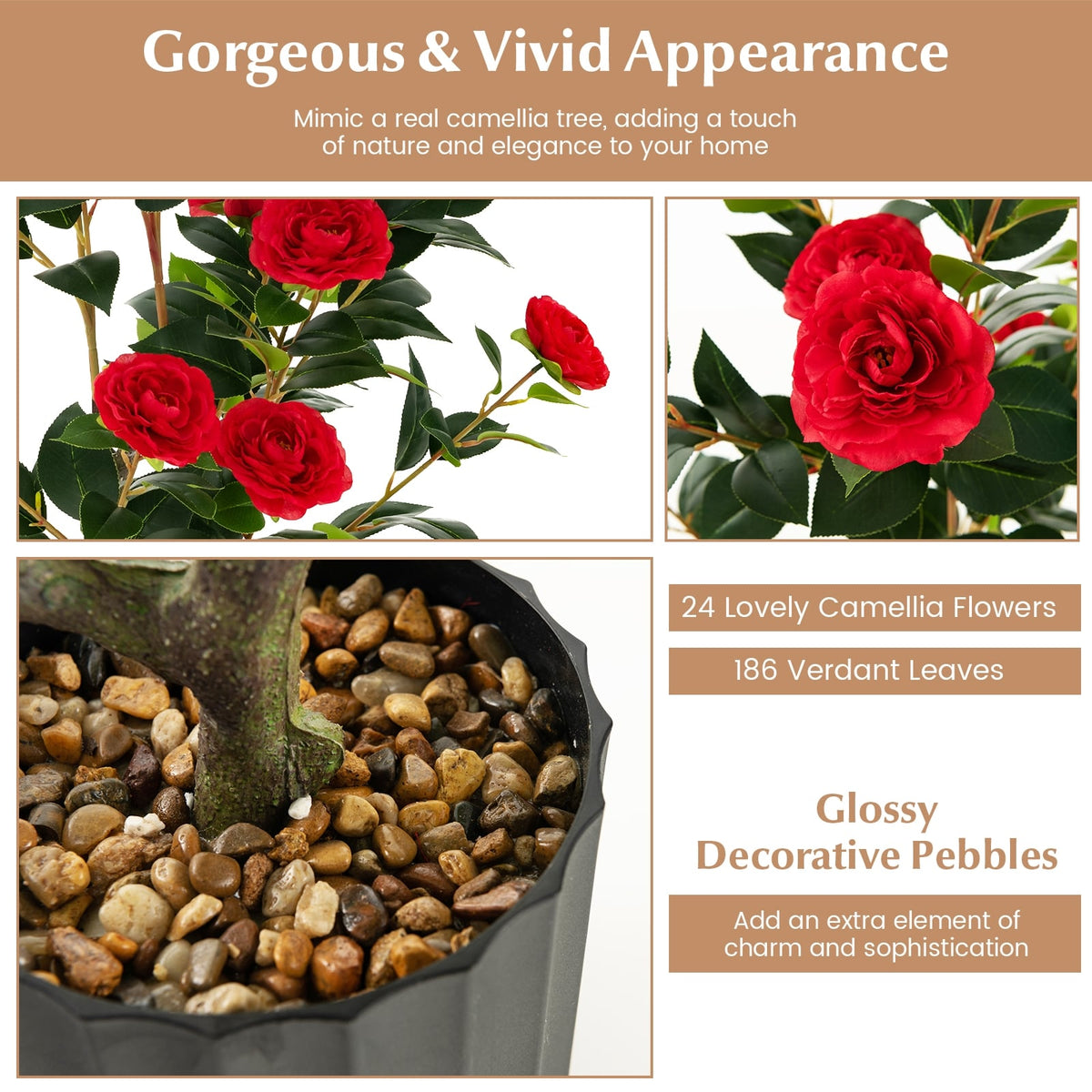 38 Inch Artificial Camellia Tree Faux Flower Plant in Cement Pot 2 Pack-Red-Artificial Plants-DECOROLALA