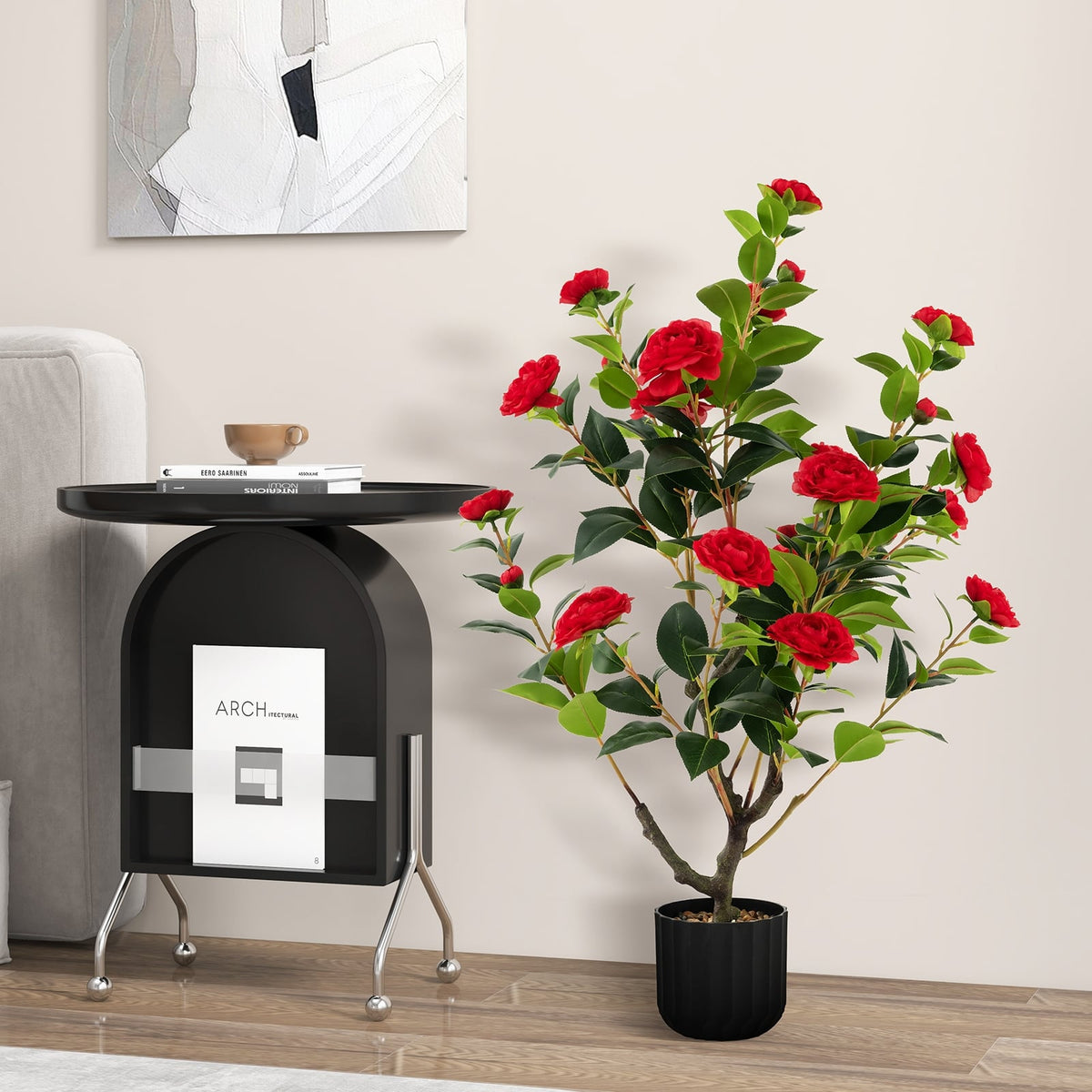 38 Inch Artificial Camellia Tree Faux Flower Plant in Cement Pot 2 Pack-Red-Artificial Plants-DECOROLALA